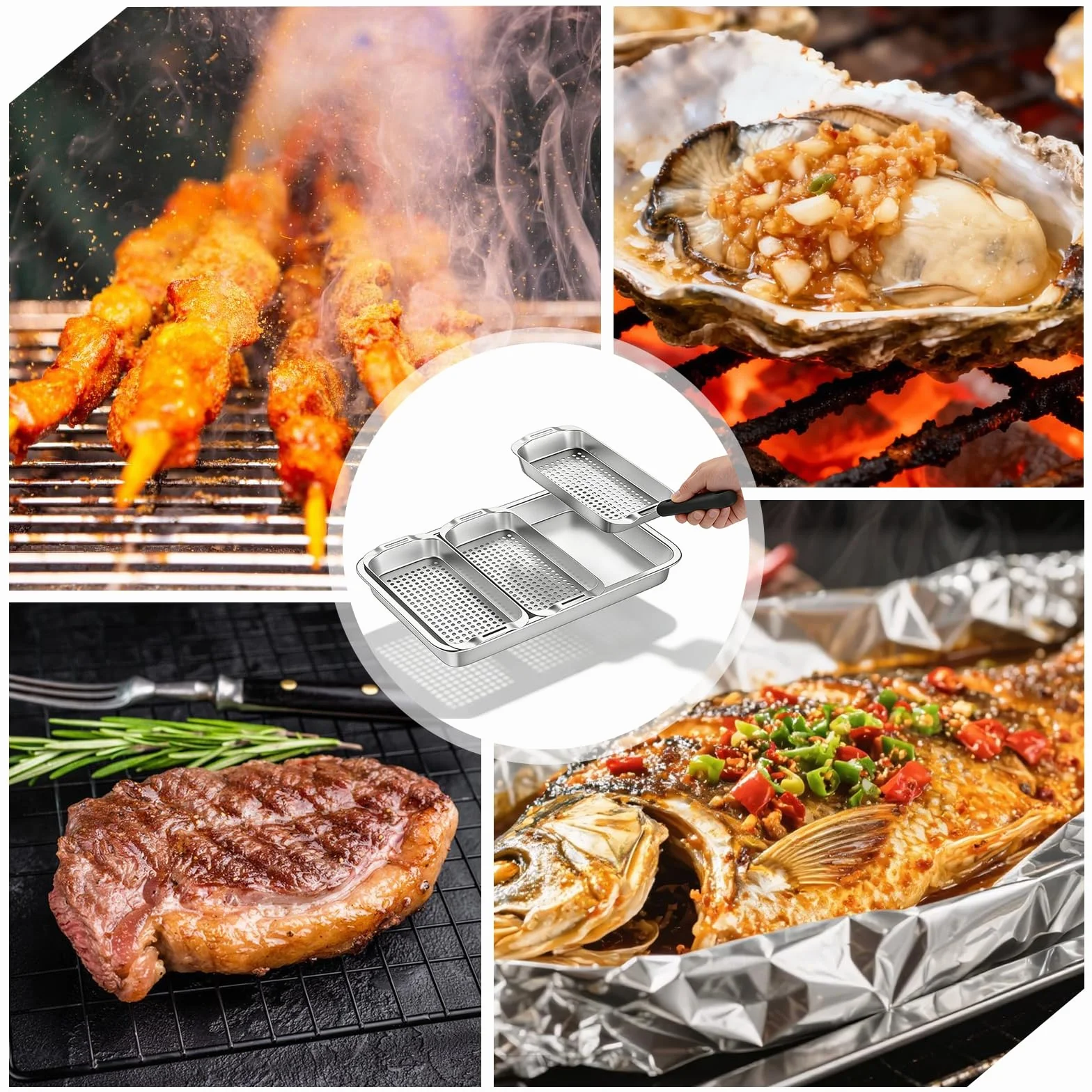 Zestaw koszy do grillowania ze stali nierdzewnej, 3-częściowy kosze grillowe z otworami, patelnia do grilla gazowego, kosza na warzywa i tackę do grillowania, do warzyw, ryb i mięsa, w zestawie taca