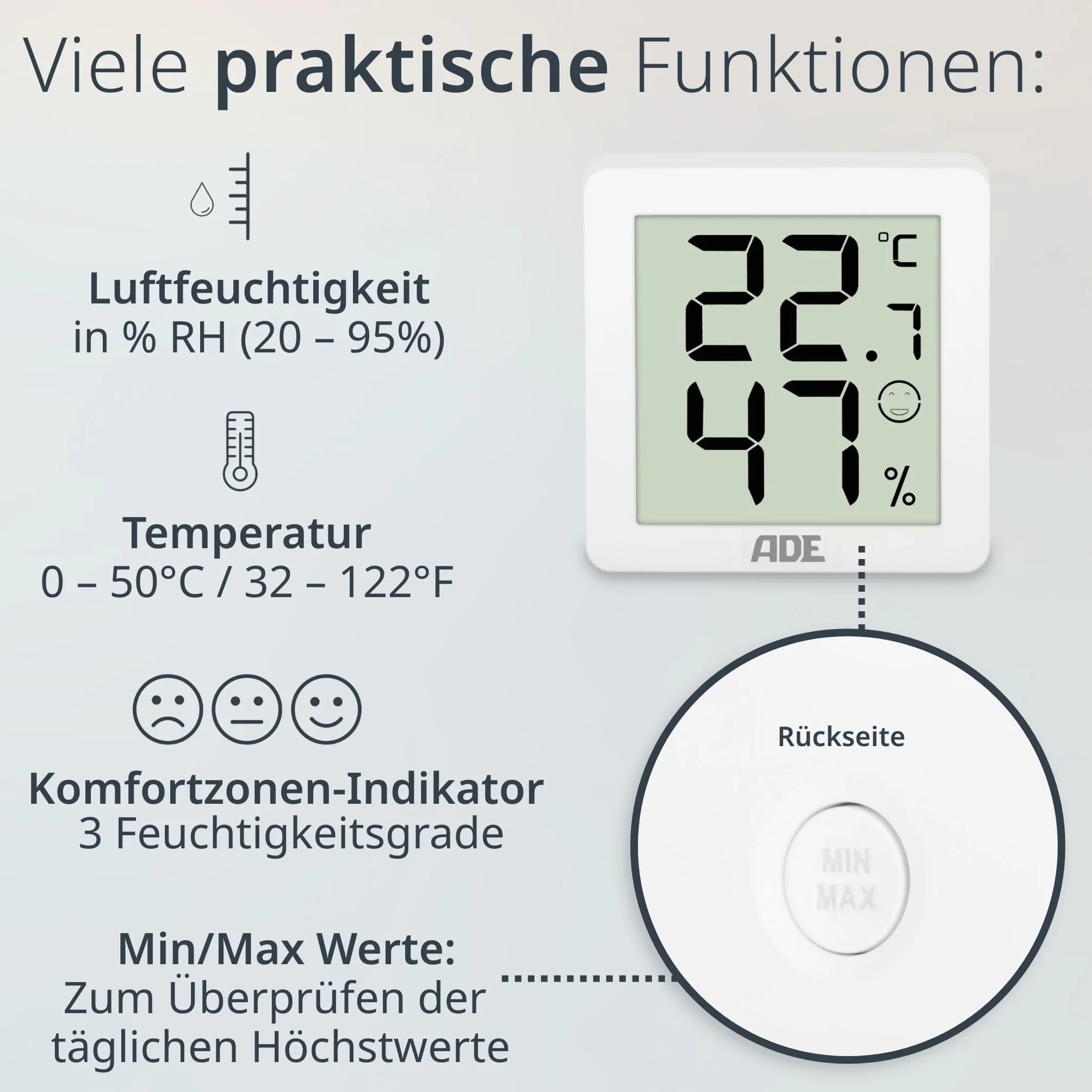 ADE Cyfrowy higrometr z wyświetlaczem temperatury, 3 szt. | miernik wilgotności powietrza wewnątrz | magnetyczny termometr pokojowy | ze wskaźnikiem strefy komfortu | biały