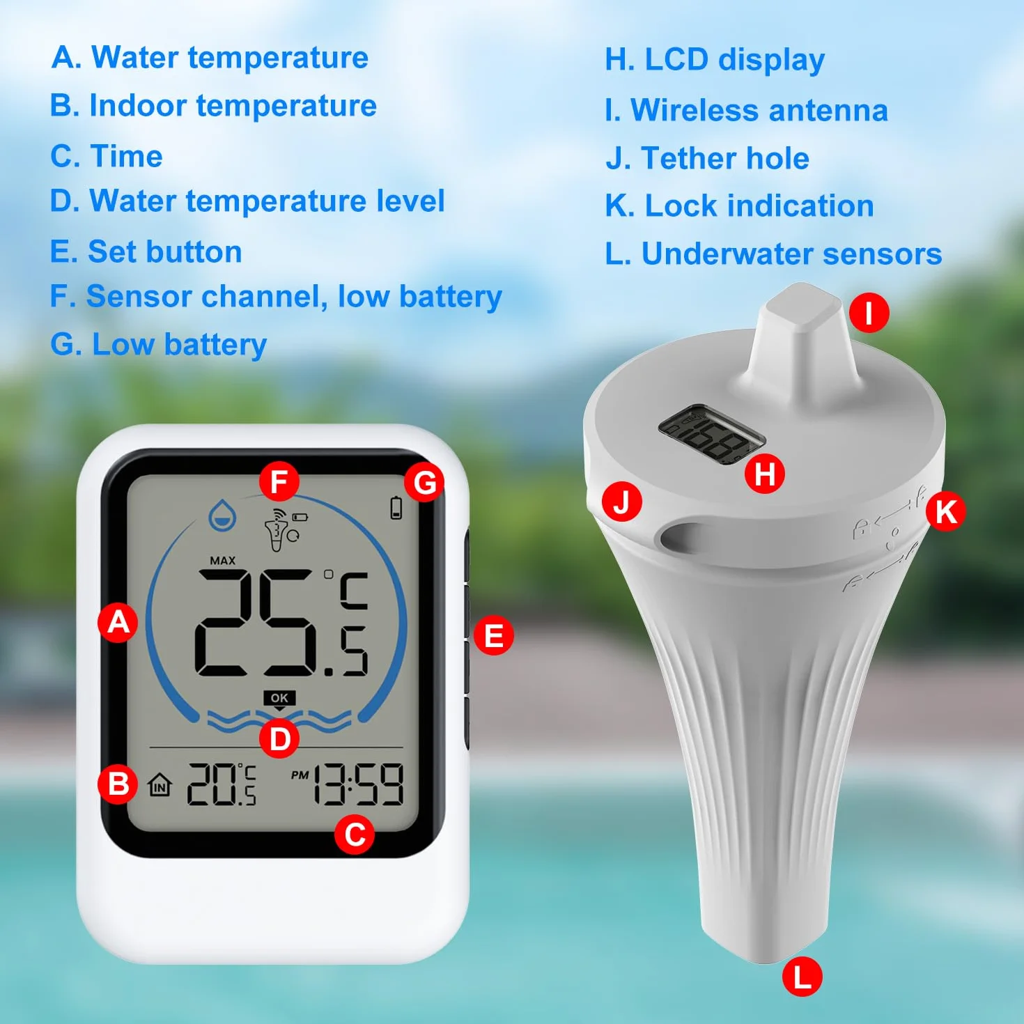 Bezprzewodowy termometr basenowy IP68 pływający czujnik temperatury wody z LCD zasięg 50 m