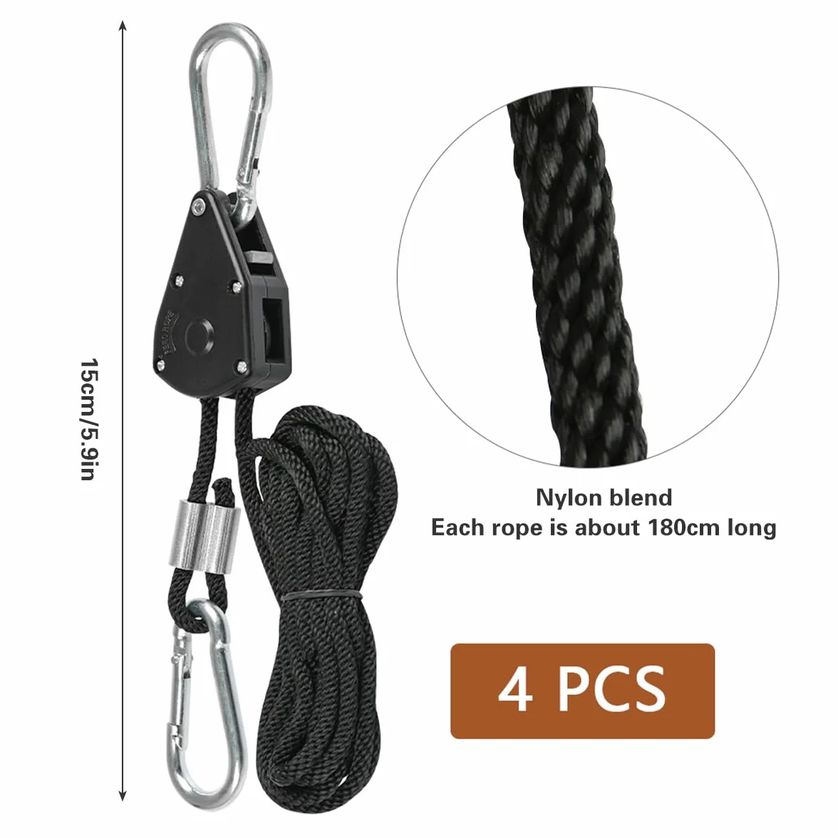 TIMESETL 4 sztuki Duty Heavy Rope grzechotka z hakiem, regulowana linka grzechotkowa do lampy roślinnej, 150 lb, regulowane woskowanie, linka zapadkowa, zawieszka