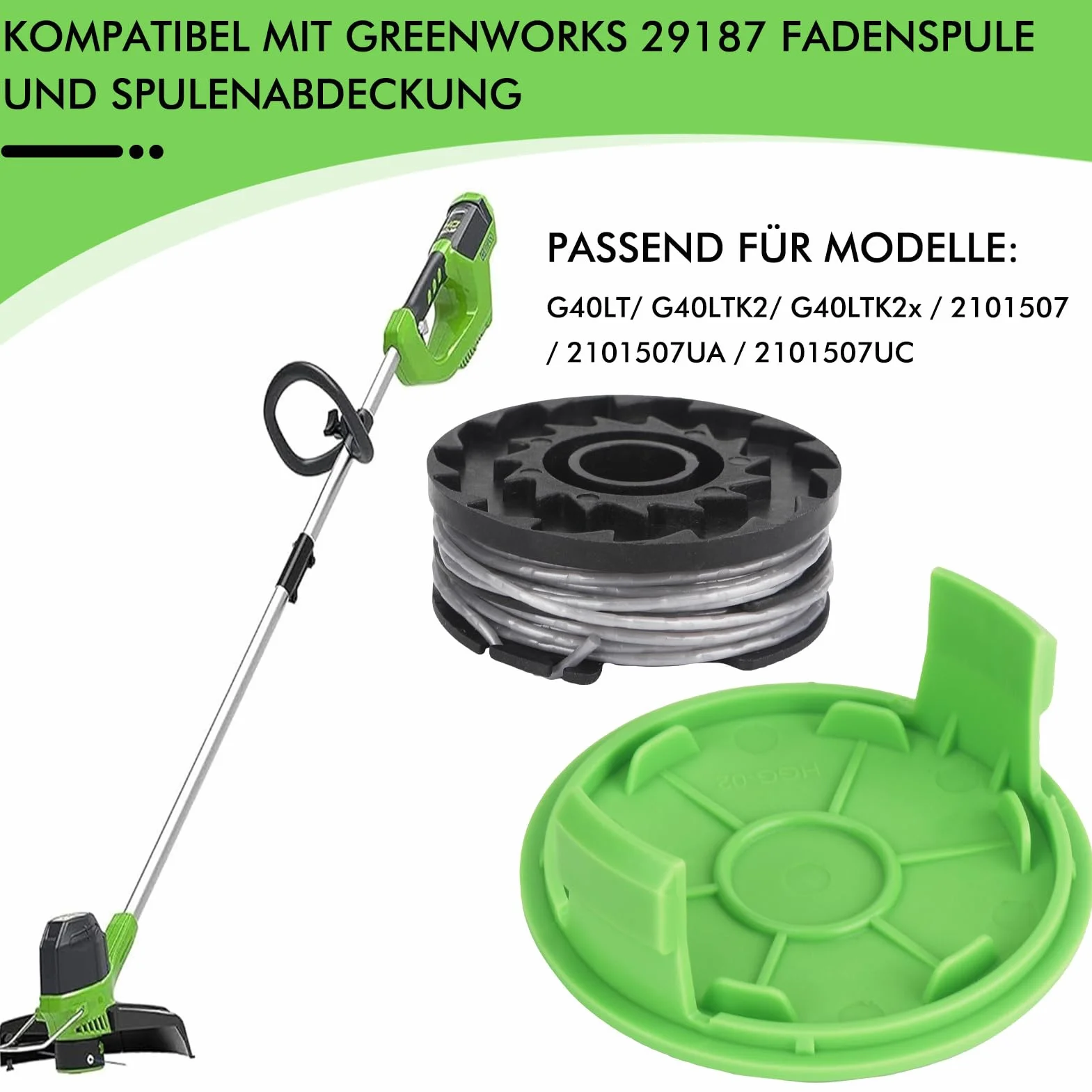Szpula z podwójną żyłką 29187 pasuje do podkaszarki Greenworks 40 V G40LT G40LTK2 G40LTK2x 2101507 2101507UA 2101507UC, zapasowa szpula żyłki 8,3 m długość Ø 1,65 mm (6 szpulek, 2 czapka)