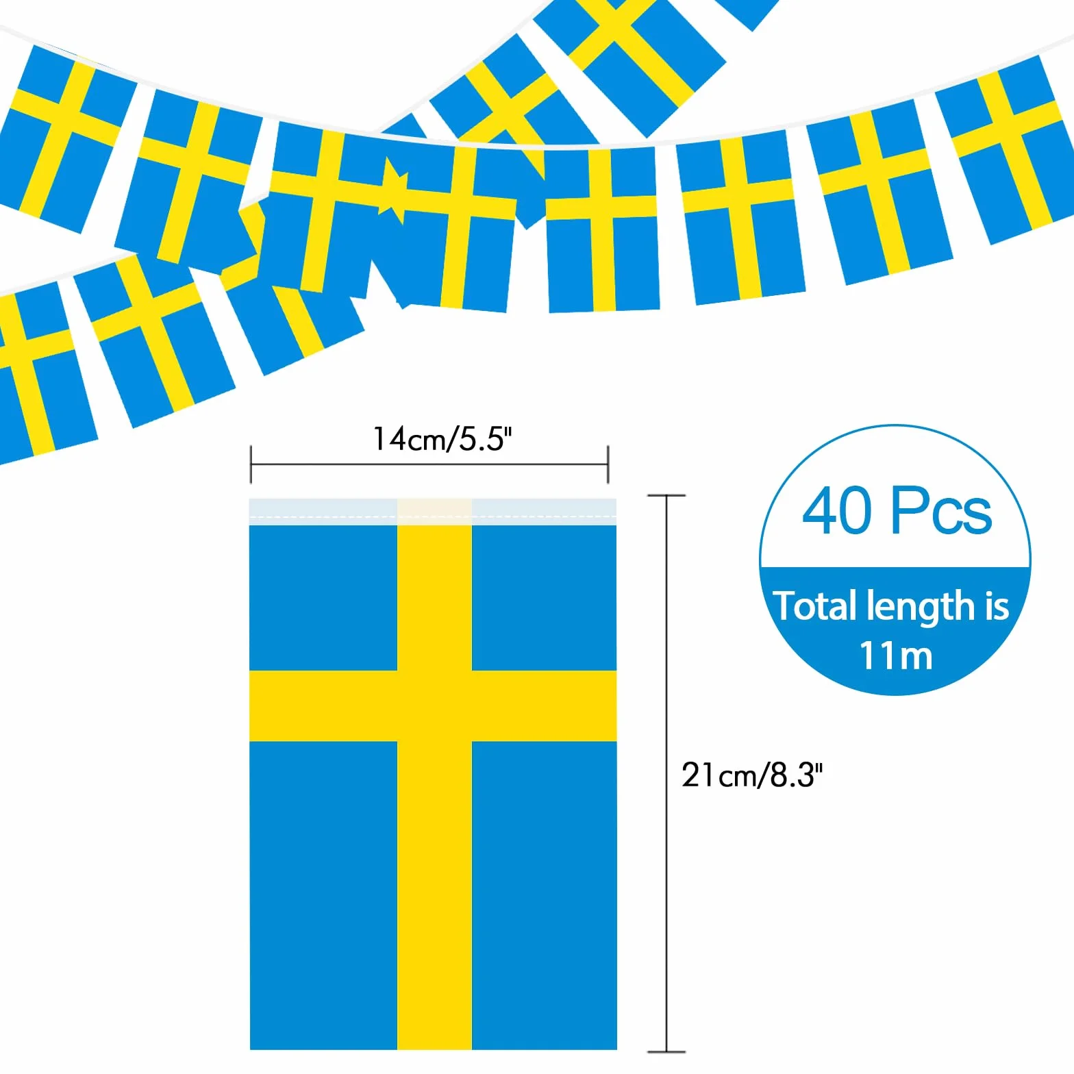 G2PLUS 11M Szwecja Girlanda Szwecji: Zestaw 40 flag Szwecji 14 x 21 cm do dekoracji baru ogrodowego