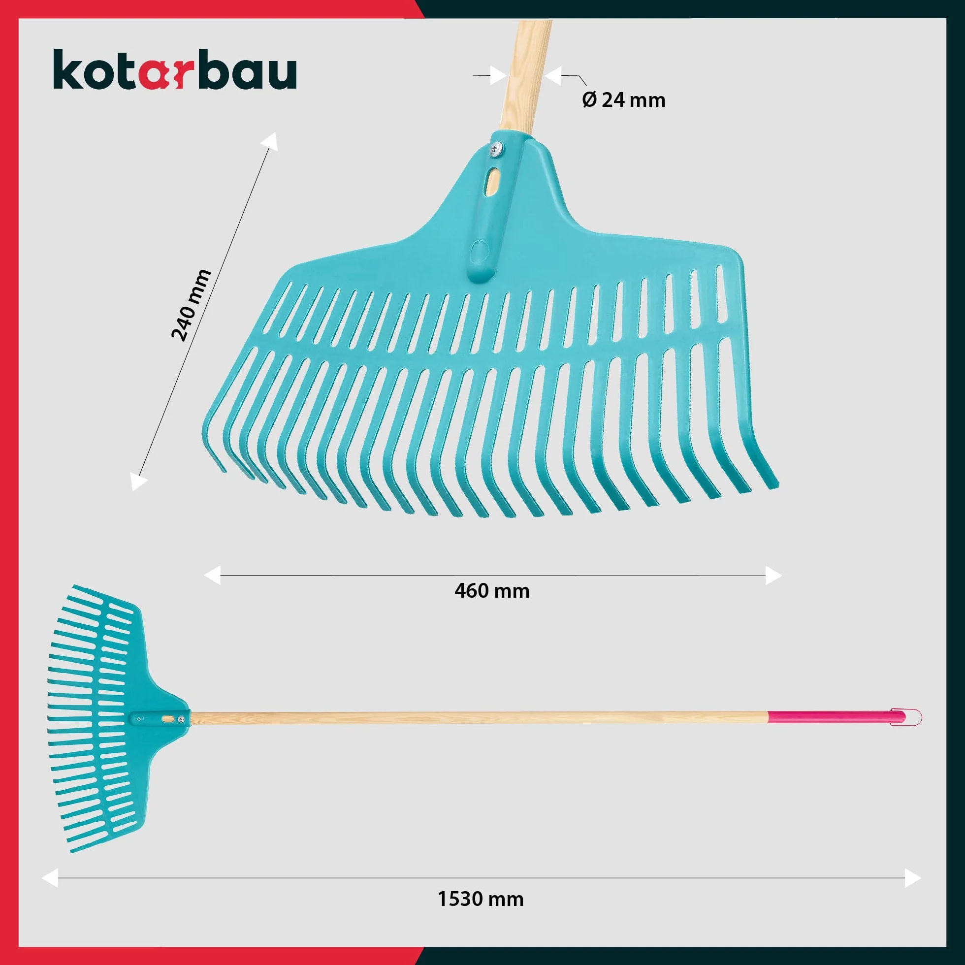 KOTARBAU® Grabie do Liści - 46 cm - Grabie do Trawy - Plastikowe - Niebieskie - Drewniany Trzon