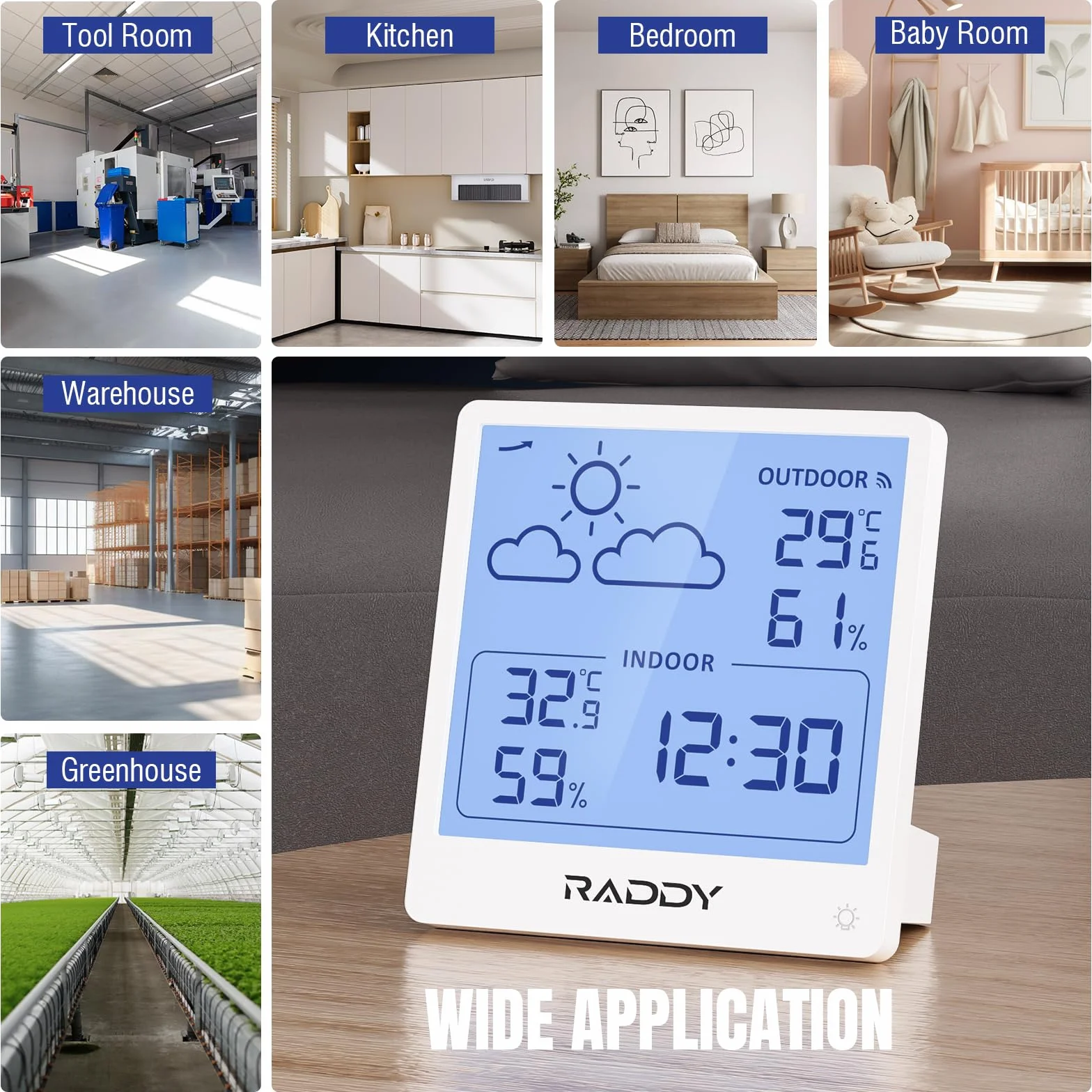 Raddy WF-50T Termometr Wewnętrzny Zewnętrzny Higrometr Bezprzewodowa Stacja Pogodowa 5.0'' Wyświetlacz TN