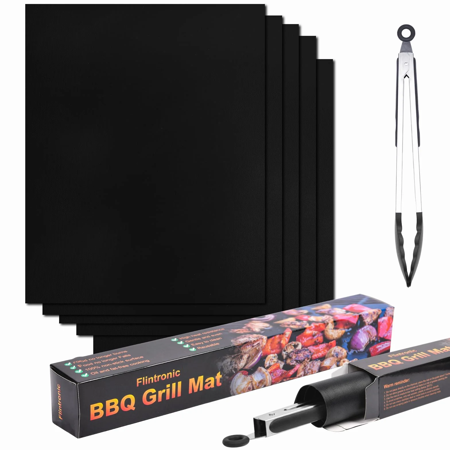 Flintronic Zestaw mat do grilla, 50 x 40 cm, czarny, 5 x mata (40 x 50 cm) + szczypce + szczotka