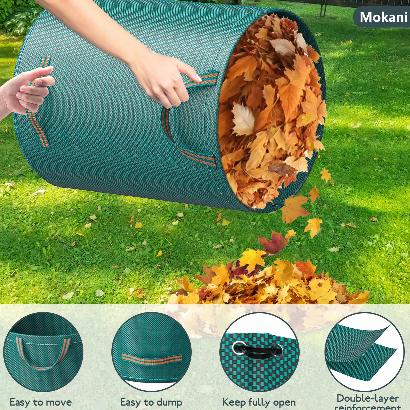 Mokani Worki na odpady ogrodowe, wytrzymałe, z uchwytami, 300 l x 3, wielokrotnego użytku, składane, kempingowe, do recyklingu, na liście, śmieci, gruz