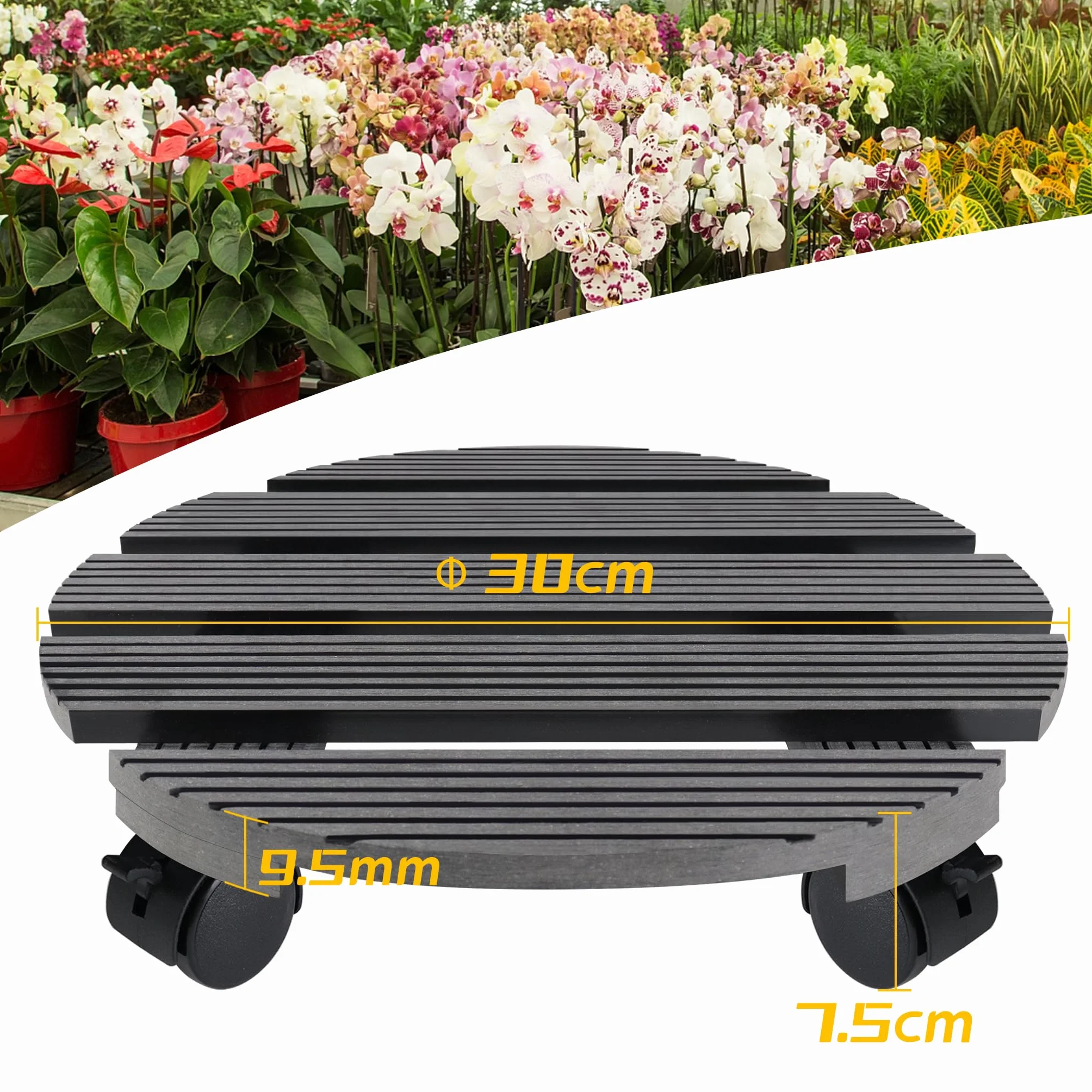 2 x wałek do roślin z WPC, okrągły, Ø 30 cm, udźwig 100 kg, wałek na kwiaty z rolkami, podstawka, doniczka na rolki, do użytku wewnątrz i na zewnątrz, antracyt