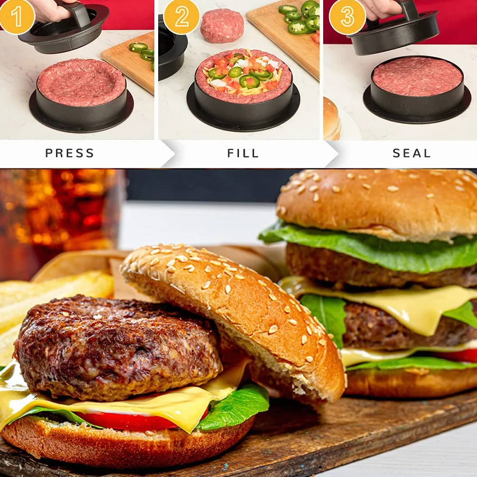 3 w 1 Prasa do Burgerów, Zestaw do Robienia Hamburgerów, Prasa do Burgerów z Nieprzywierającą Powierzchnią, Foremka do Hamburgerów, Narzędzie do Grillowania na Barbecue, Akcesoria do Kuchni, W