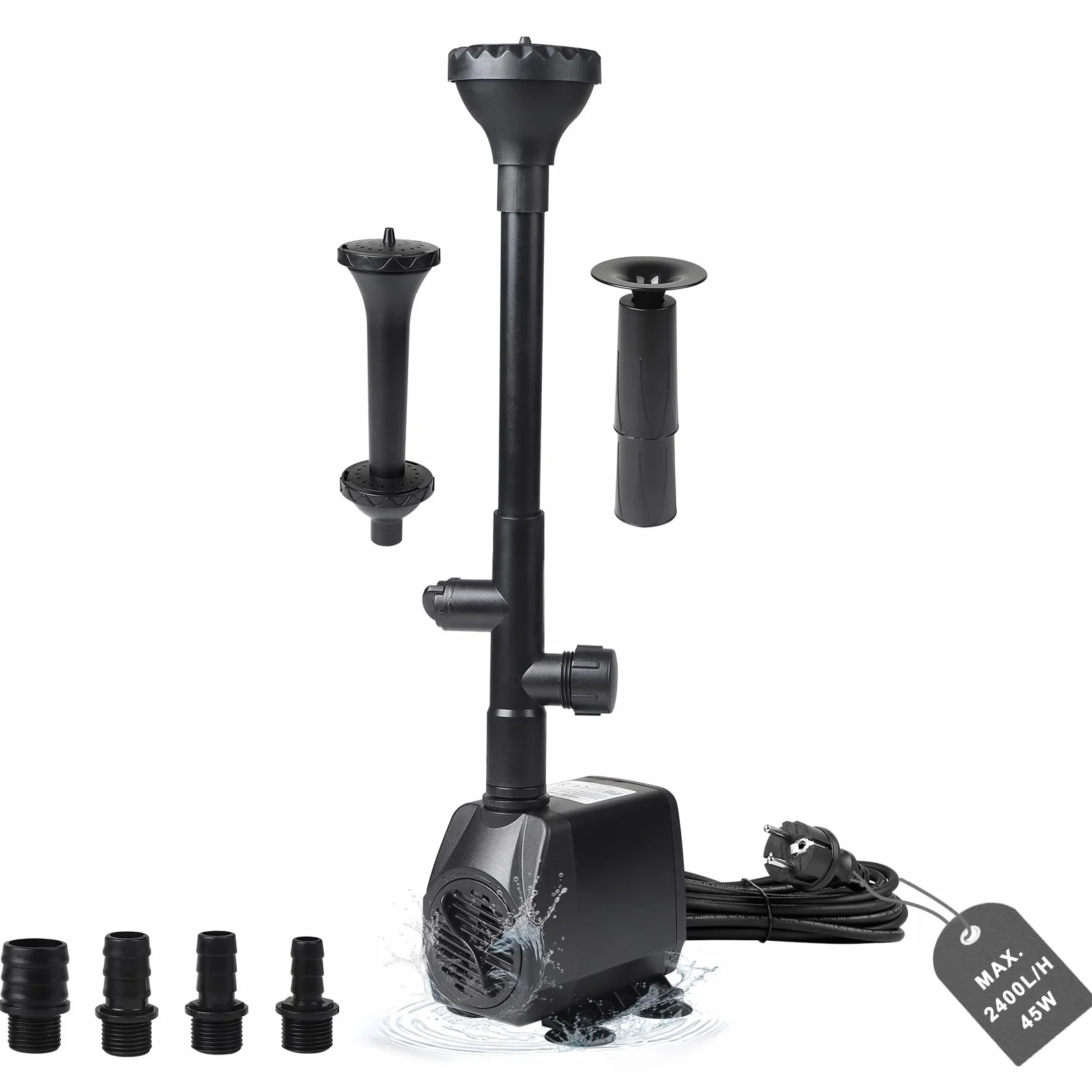 EXLECO pompa do oczka wodnego, 2500 l/h, 45 W, 2,5 m, 4 dysze, 3 style fontanny, metalowa pompa dekoracyjna do fontanny, fontanny, zbiornika, filtr do akwarium