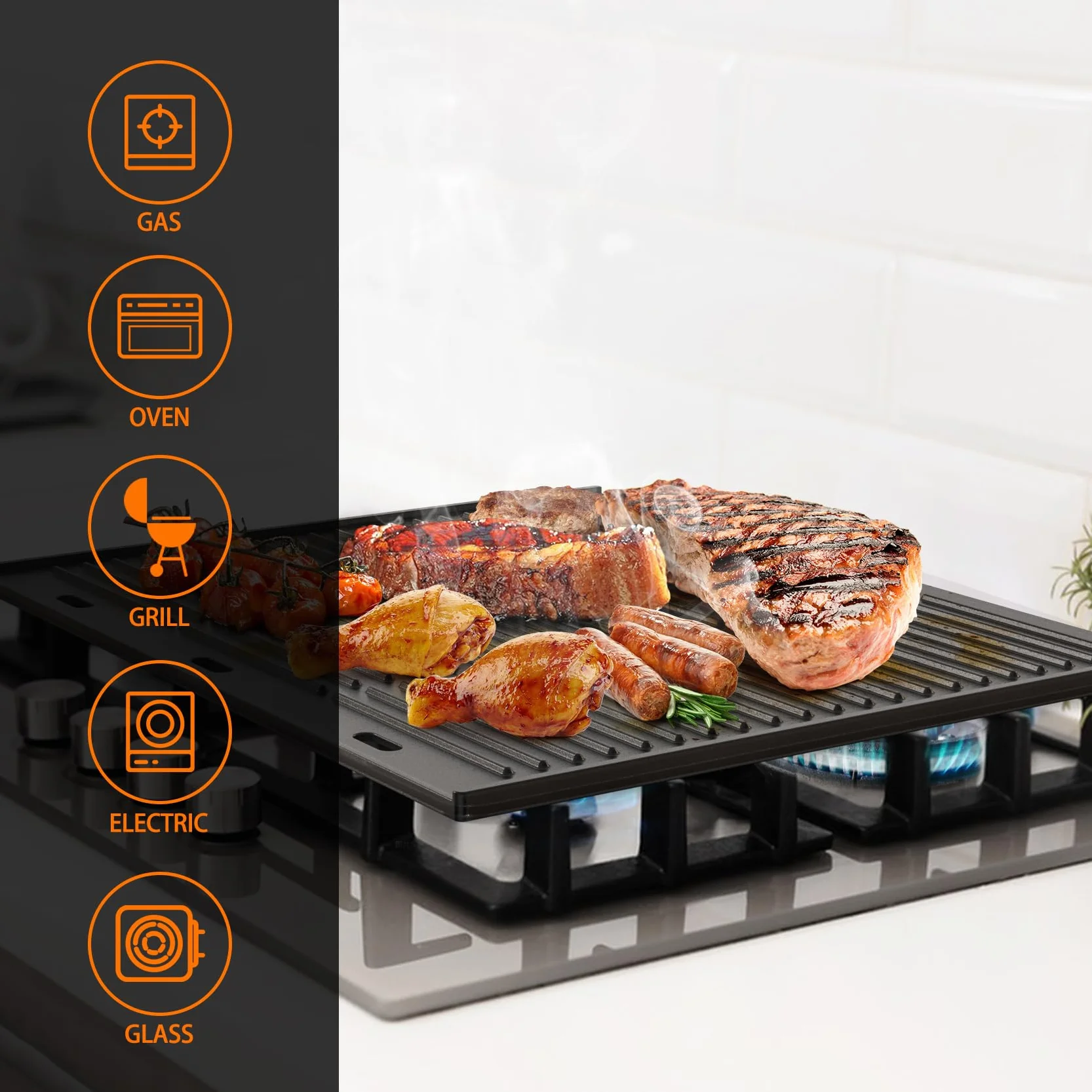 Onlyfire żeliwna płyta grillowa 48,5 x 40 cm, prostokąt, uniwersalna, dwustronna płyta BBQ, płyty grillowe do grilla gazowego, węglowego i elektrycznego, emaliowany żeliwny ruszt do grillowania