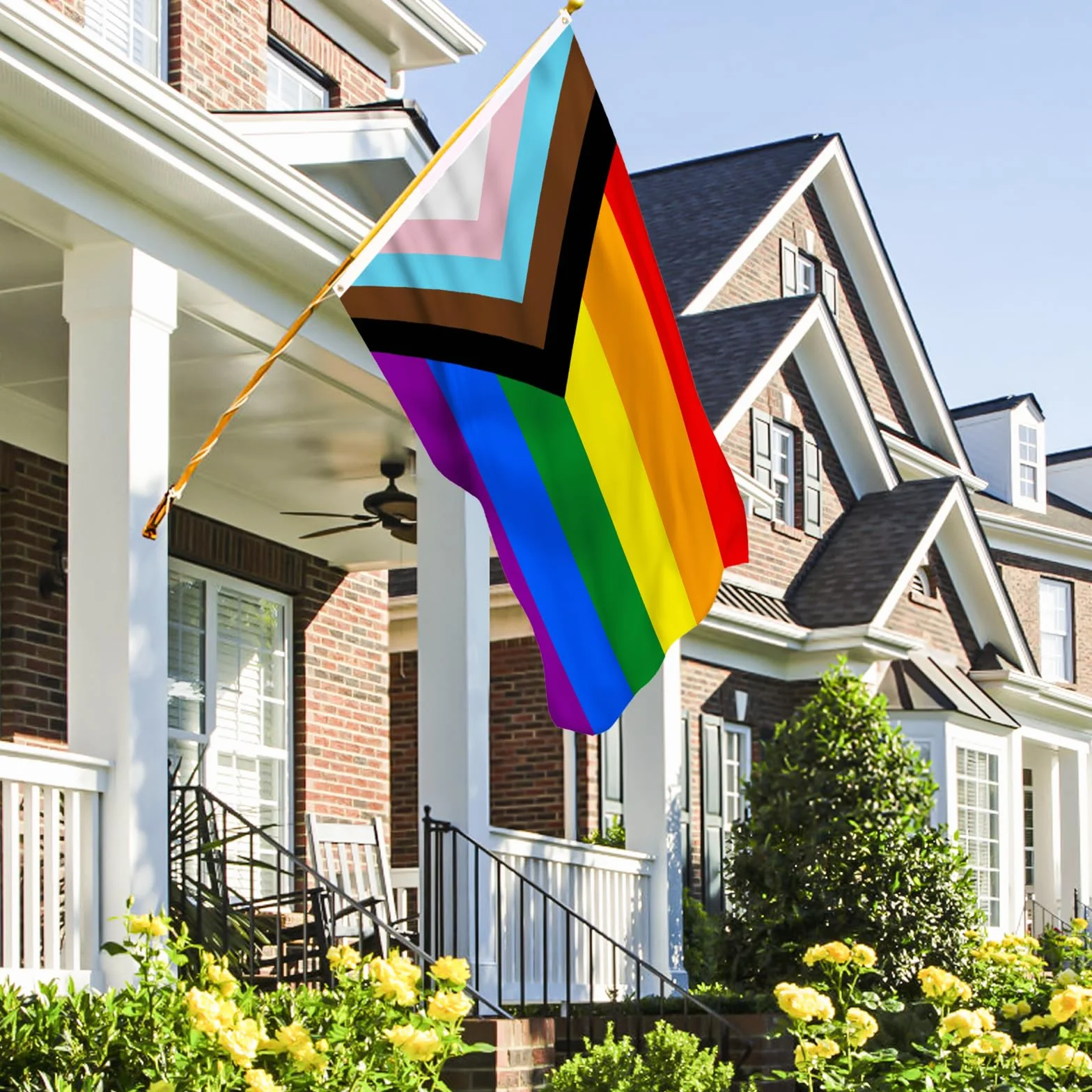 AhfuLife Flaga Progress Pride, a flaga LGBTQ+, tęczowa z szewronem, 1,5 m x 0,9 m na Dzień Dumy, 1 szt. flaga dumy postępu - dwustronna z mosiężnymi oczkami do dekoracji parady na Dzień