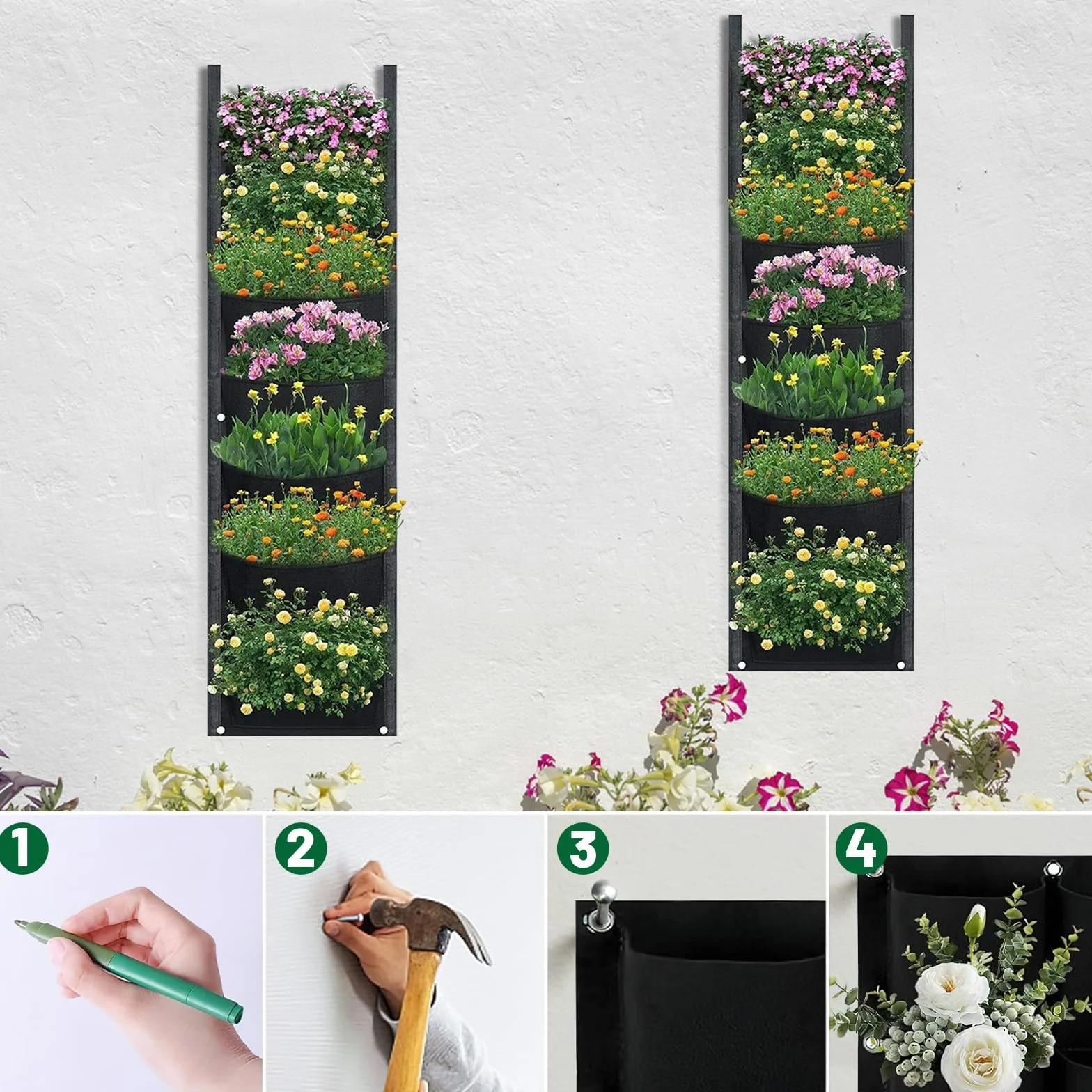 ACTOYS Wiszące torby na rośliny, 2 szt., 7 kieszeni na rośliny, do użytku na zewnątrz, wiszące, pionowe, 99 x 28 cm, na balkon, na zewnątrz, do ogrodu, na podwórko, do biura, dekoracja domu