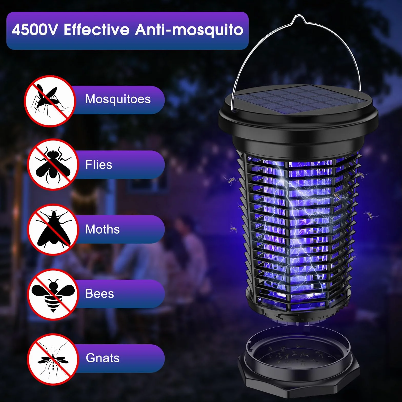 PALONE Przenośna lampa na komary solarna 4500V, USB-C + 5.5W panel - Wodoodporna do ogrodu/campingu (2600mAh, IPX4)