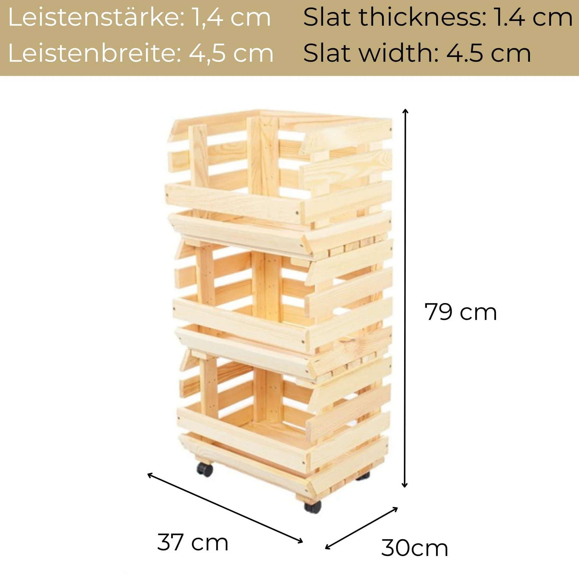 Skrzynia Drewniana na Kółkach 37x79x30 cm Pojemnik na Ziemniaki Owoce Warzywa Regał z Koszami 3 Poziomy