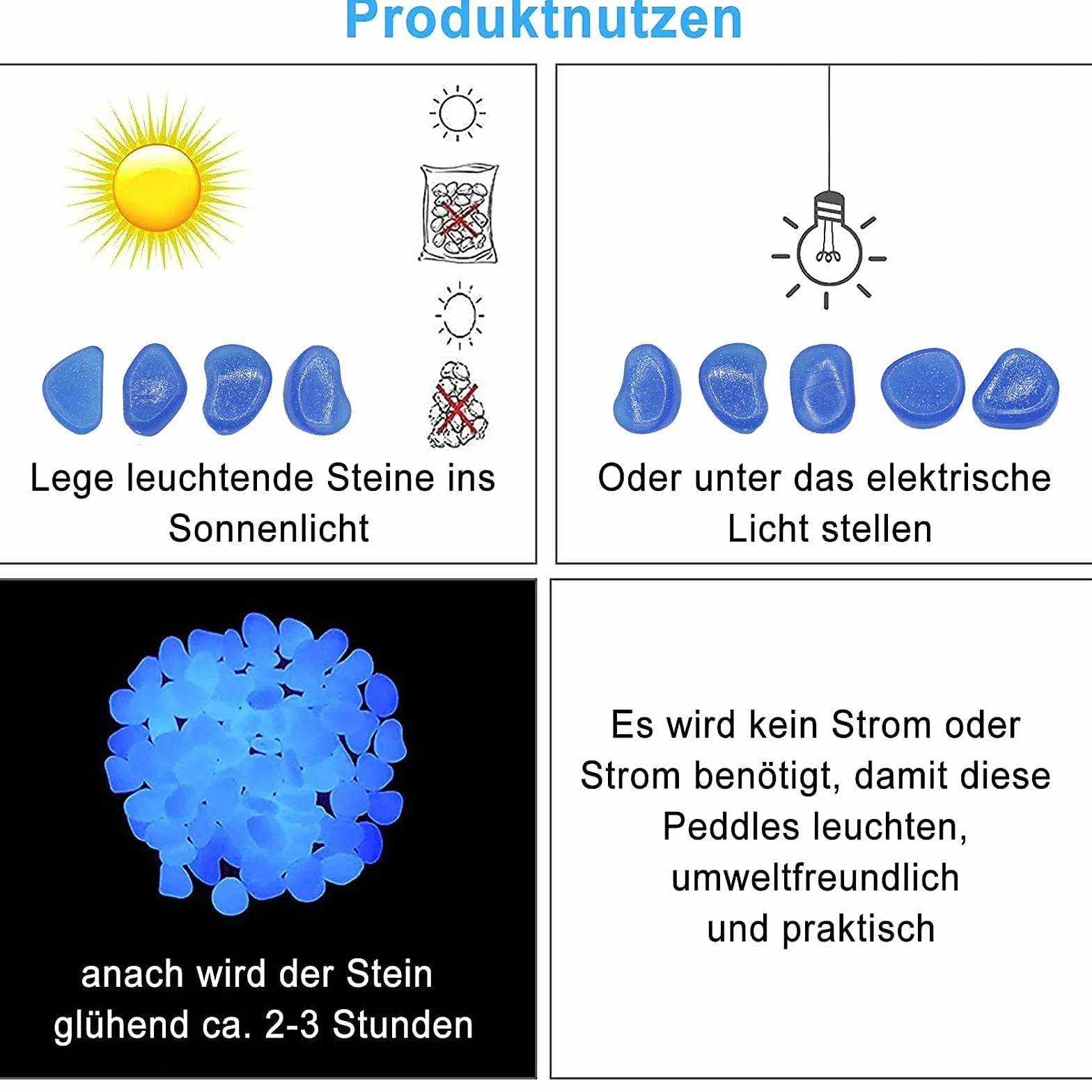MOGADEE® 300 niebieskich kamieni świetlnych, dekoracja ogrodowa, kamienie dekoracyjne, dekoracyjne kamienie do akwarium, chodniki, do pokoju dziecięcego, kamienie dekoracyjne, świecące kamyki