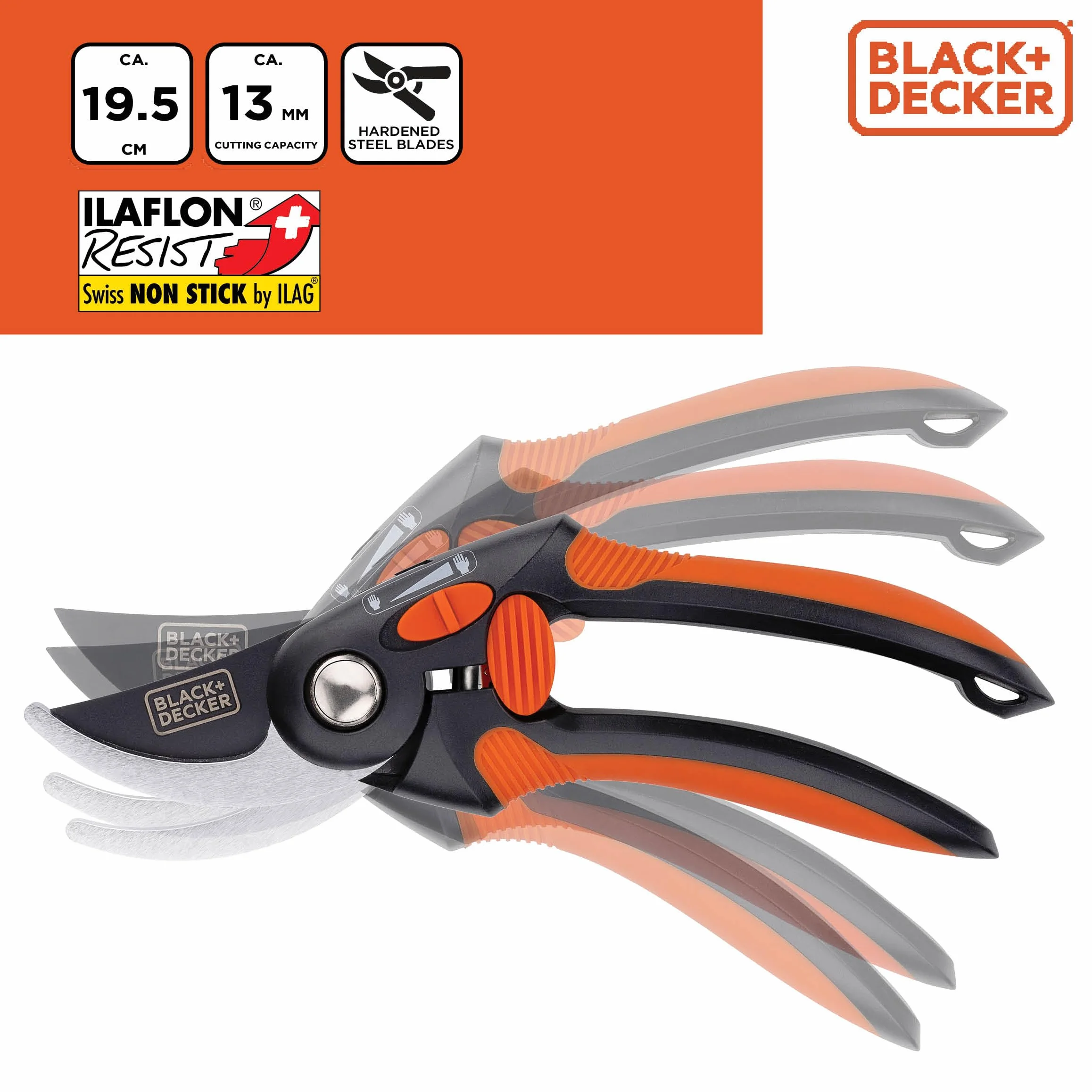 BLACK+DECKER Bypass sekator ogrodowy – wysokiej jakości stalowe ostrza – nożyce do gałęzi z ergonomicznym uchwytem – nożyce do przycinania drzew o pojemności 13 mm – czarne/pomarańczowe