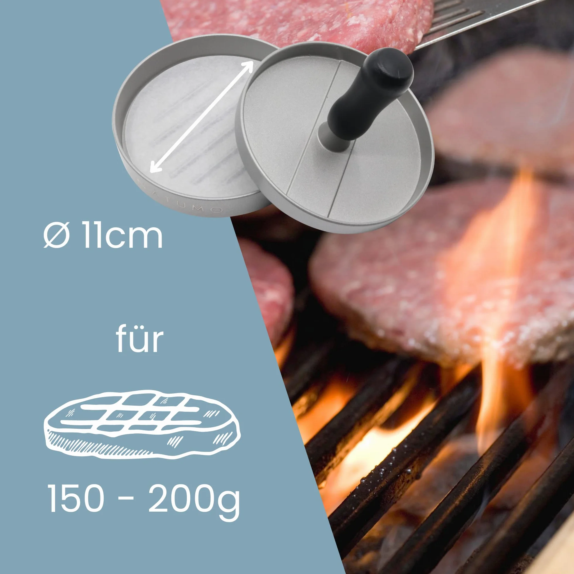 NATUMO Zestaw prasy do burgerów z prasy do hamburgerów i papieru do burgerów (50 x papier oddzielający), do burgerów z odlewu aluminiowego (Ø 11 cm, 200 g), profesjonalna prasa do burgerów z powłoką