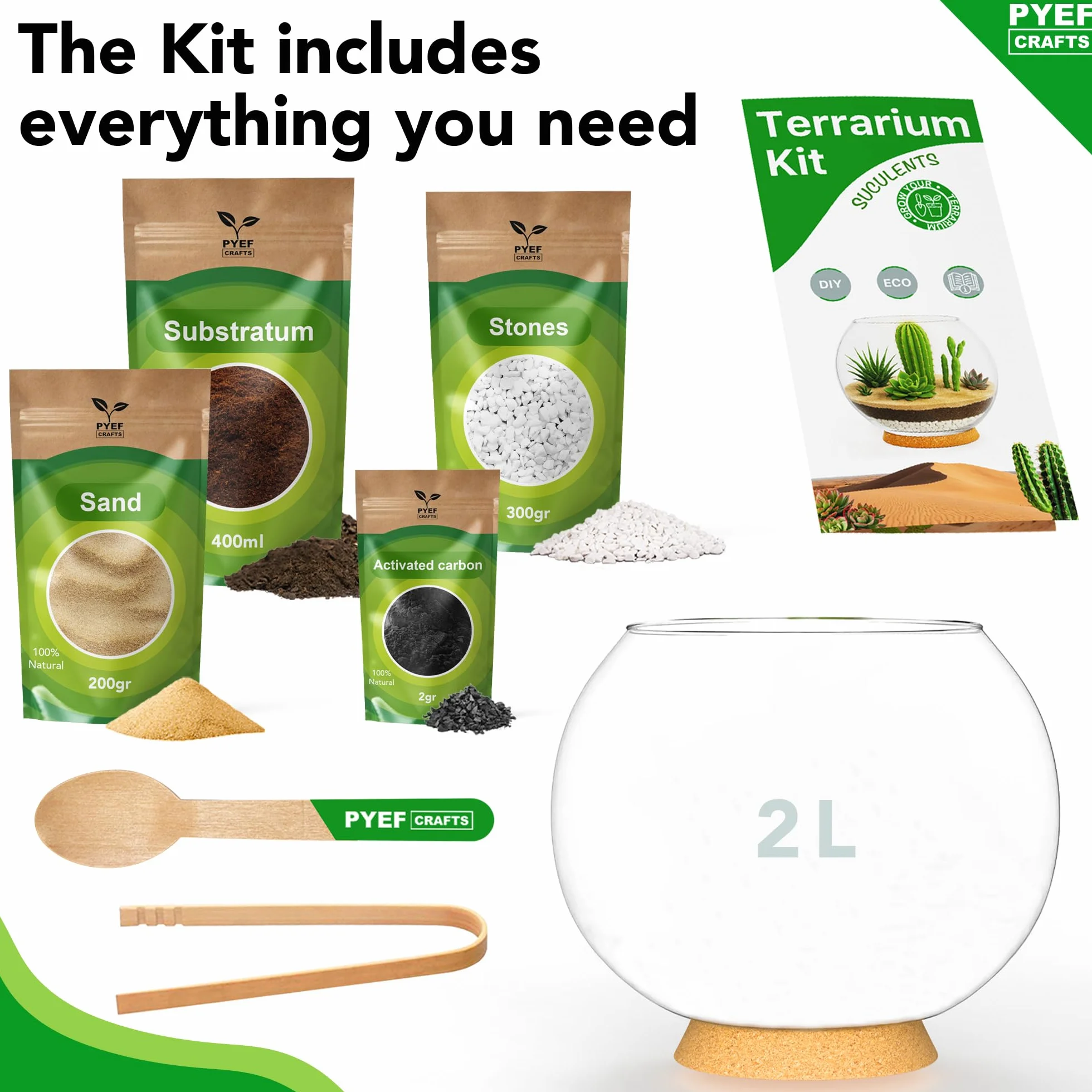 Zestaw do terrarium DIY dla sukulentów i kaktusów – zestaw startowy ze szklaną miską w zestawie – stwórz własny zestaw terrarium ze słoikiem, piaskiem, ziemią, węglem drzewnym, kamieniami