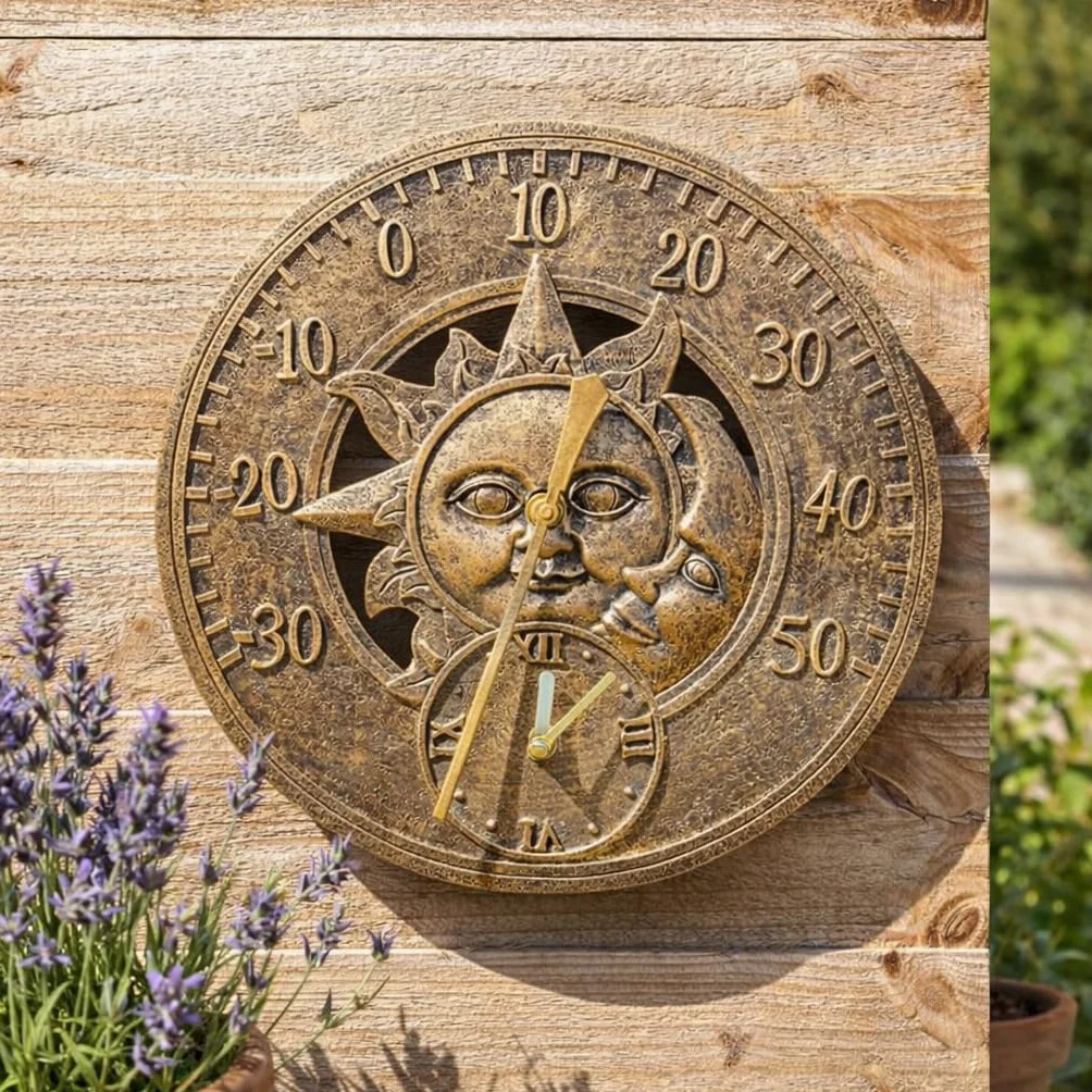 Garden Mile® Vintage Sun and Moon Zegar ścienny z efektem brązu - wodoodporny i odporny na warunki atmosferyczne ogród - dekoracyjny do wnętrz lub na zewnątrz