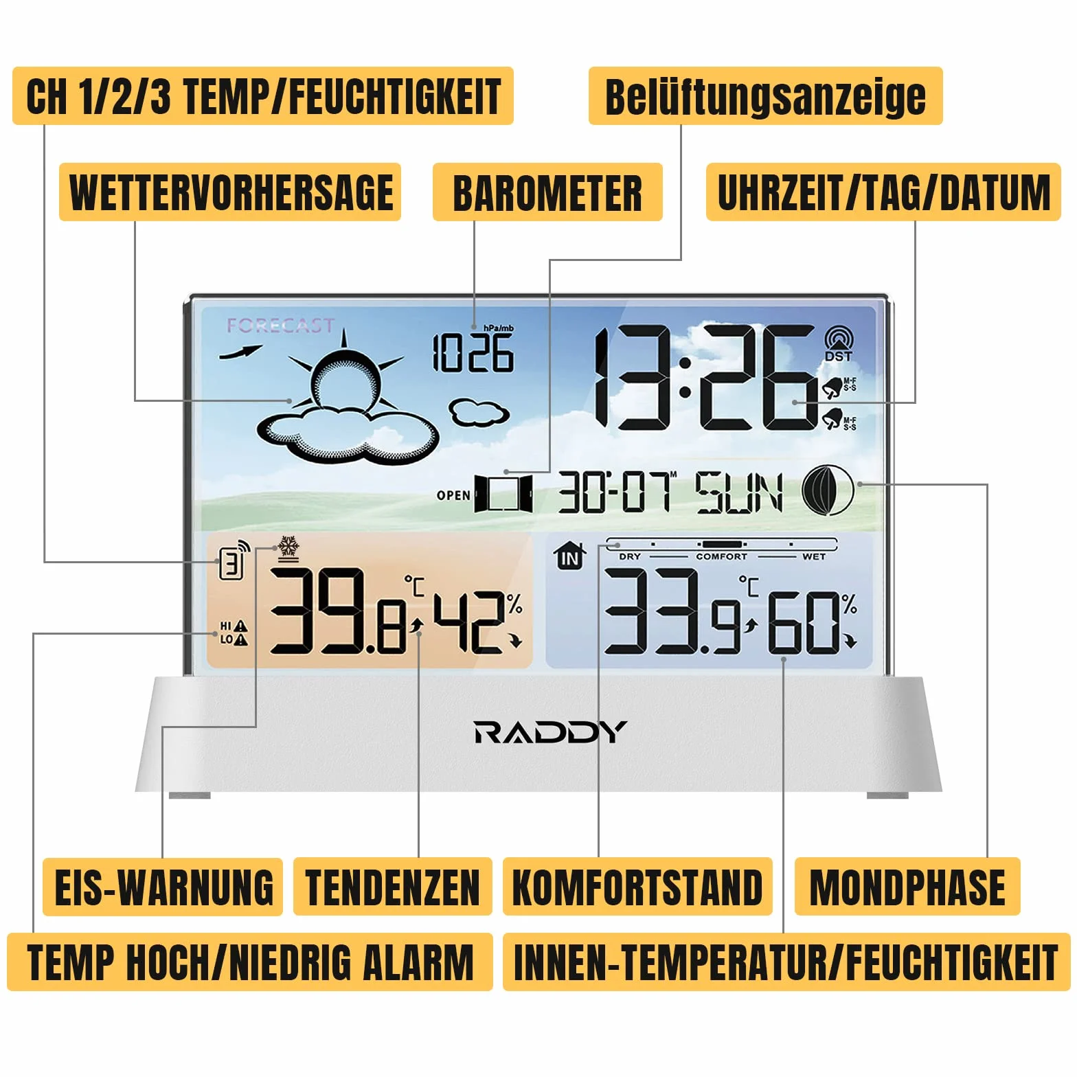 Raddy DT6 Stacja pogodowa Wewnętrzna zewnętrzna, Zegar radiowy DCF, Cyfrowy kolorowy wyświetlacz Termometr wewnętrzny i zewnętrzny Higrometr, Domowa stacja pogodowa z prognozą pogody i barometrem