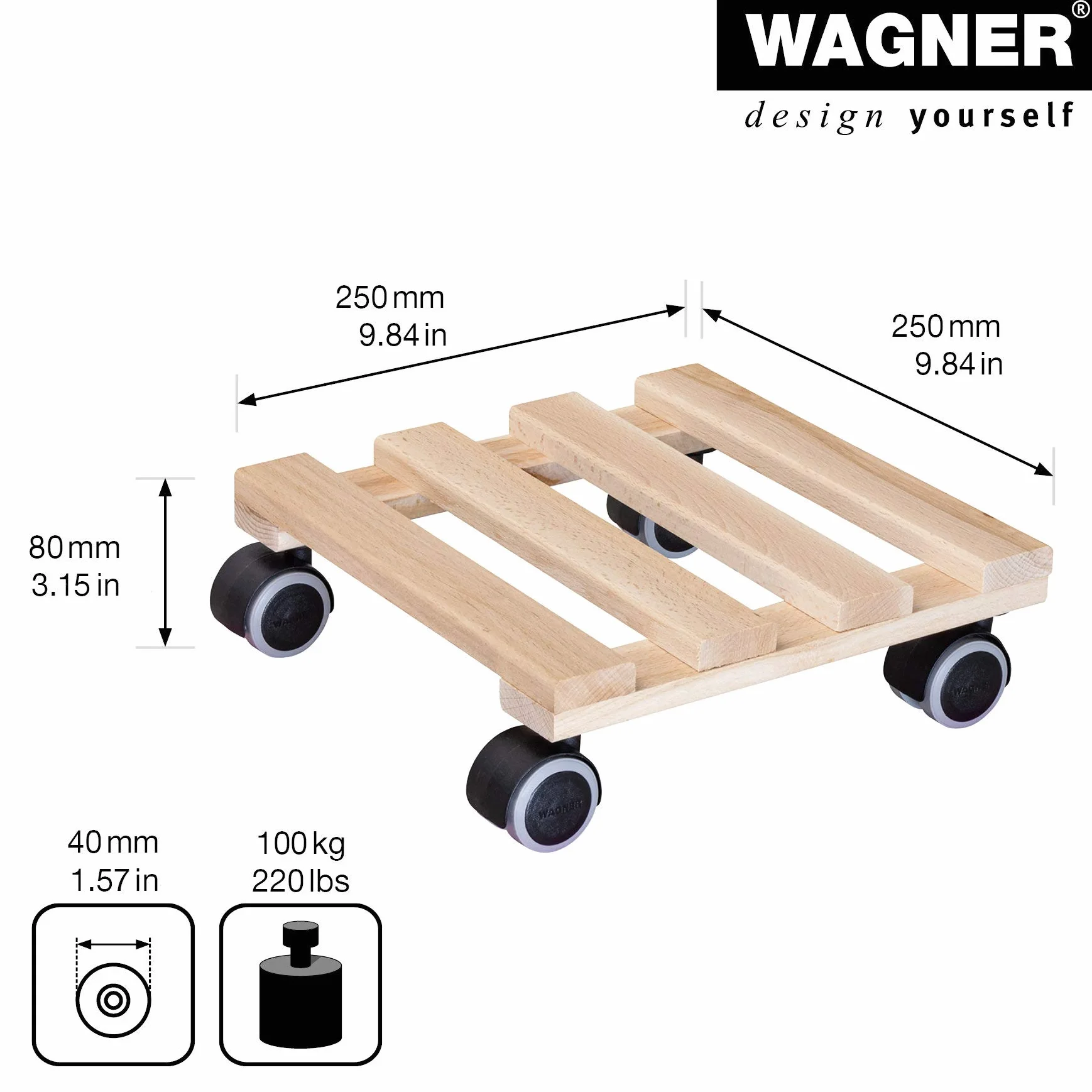Wagner Wózek na rośliny PALETTI 25 x 25 x 8 cm z litego drewna FSC, buk naturalny, ładowność 100 kg