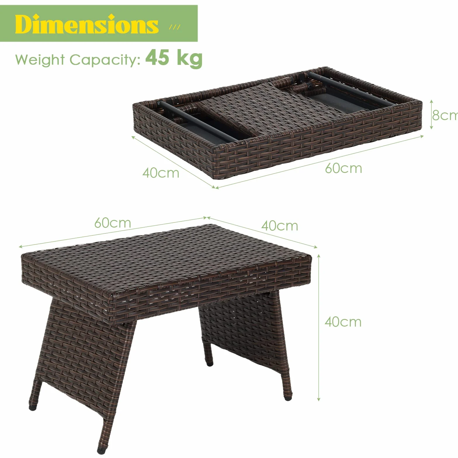 COSTWAY rattanowy składany stolik boczny, polietylenowy stolik kawowy ogrodowy bistro, 60 x 40 x 40 cm stolik kawowy do ogrodu salonu balkonu brązowy (z blatem PCV)