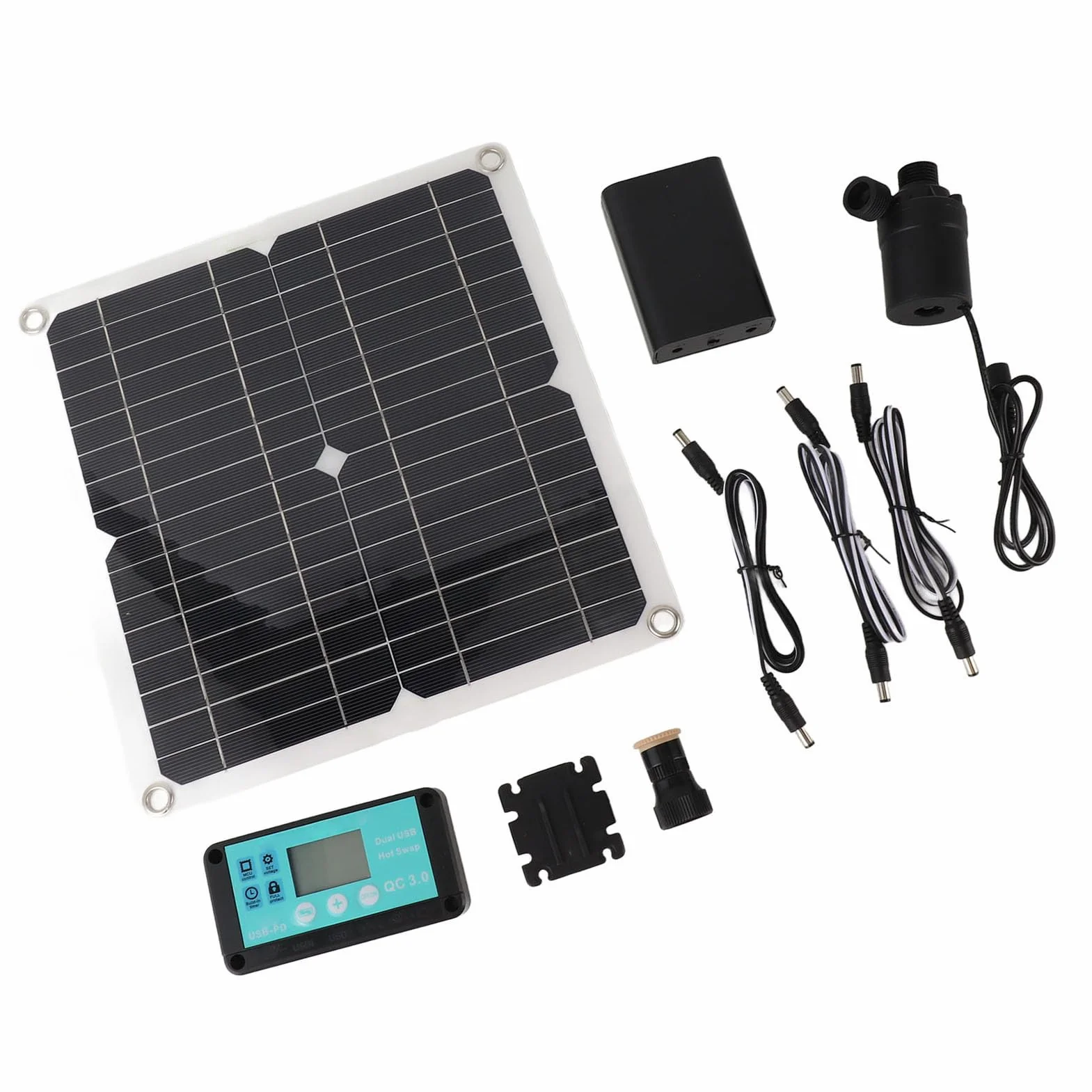 Panel Słoneczny 50 W Zestaw Pompy do Fontanny Wodnej 22 W, Zestaw Pompy Wodnej do Fontanny Słonecznej z Pojemnikiem na Baterie i Kontrolerem Czasu, Pompa Zanurzeniowa Zasilana