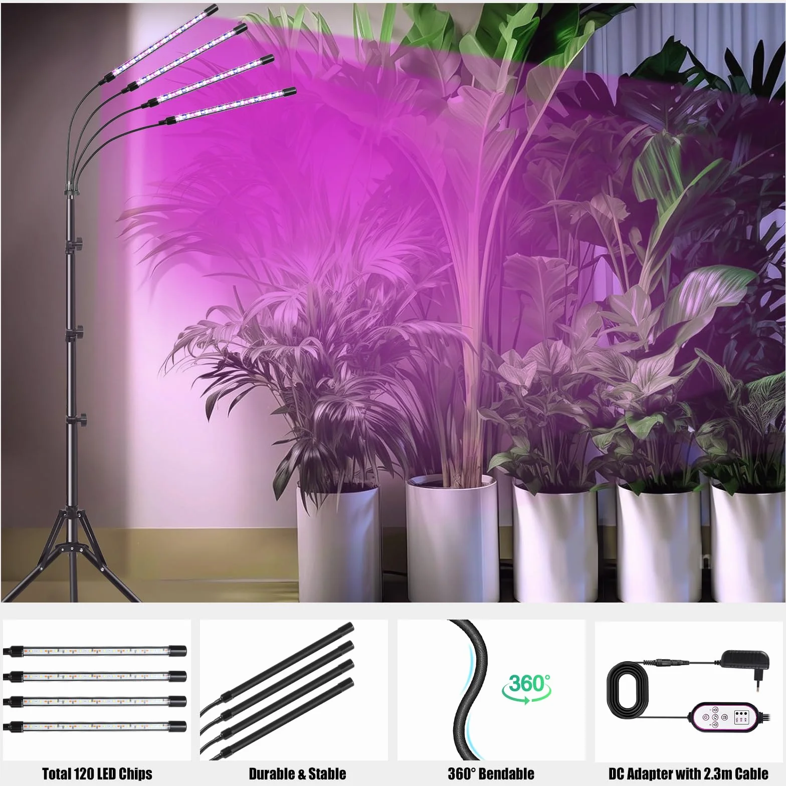 Railee Lampa Roślinna LED Full Spectrum 120 LED ze Stojakiem z Timerem 3 Tryby Kolorystyczne 10 Luminancji