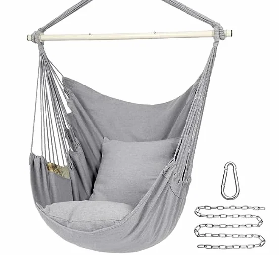 SONGMICS Fotel wiszący z 2 poduszkami, metalowy łańcuch, nośność 150 kg, do użytku wewnątrz i na zewnątrz, kolor gołębi GDC197G01