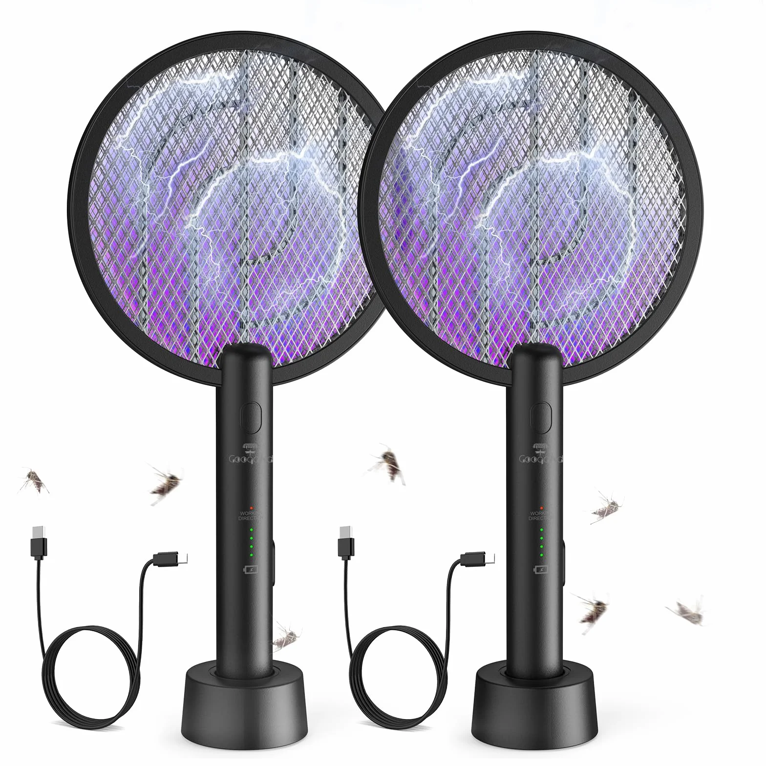 Elektryczna packa na muchy, GooQand 4000V Fly Killer Electronic z rakietą na muchy USB 2 w 1, poręczna packa na komary z 3-warstwową siatką ochronną do biwakowania wewnątrz i na zewnątrz, czarna，2szt