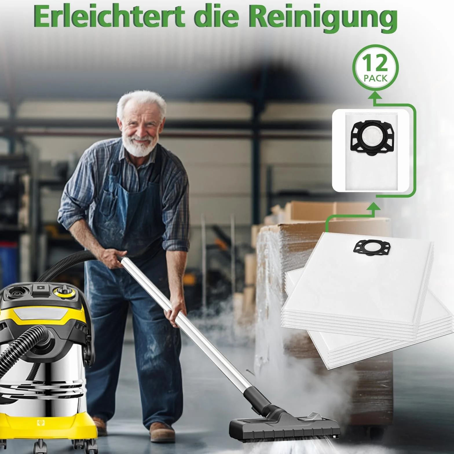 Opakowanie 12 worków do odkurzacza Kärcher WD4, WD5, WD6 z filtrem z polaru KFI 487