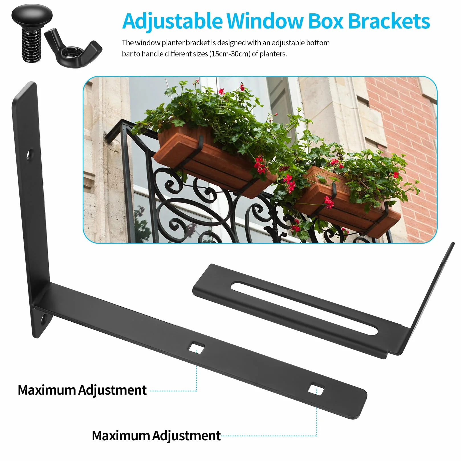 Wsporniki do skrzynek okiennych, 15–30 cm, regulowane wsporniki do doniczka, na parapet, balkonowe, balustradowe, zewnątrz, do ogrodzenia, balkonu, tarasu