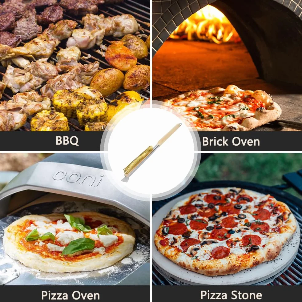 OFFCUP Szczotka do pieca do pizzy 56 cm ze stalowym skrobakiem i mosiężnymi włosiami, drewniany uchwyt