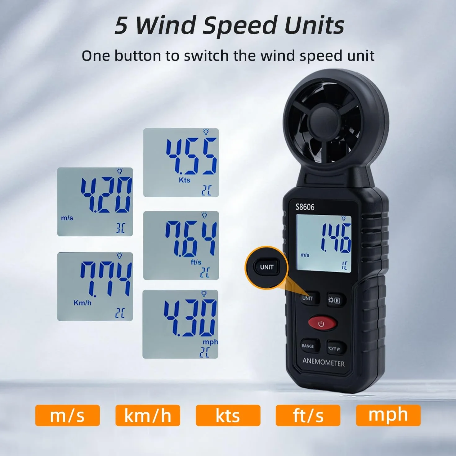 Mcbazel 3 w 1 Cyfrowy Anemometr z wyświetlaczem LCD, miernik prędkości wiatru Termometr zewnętrzny