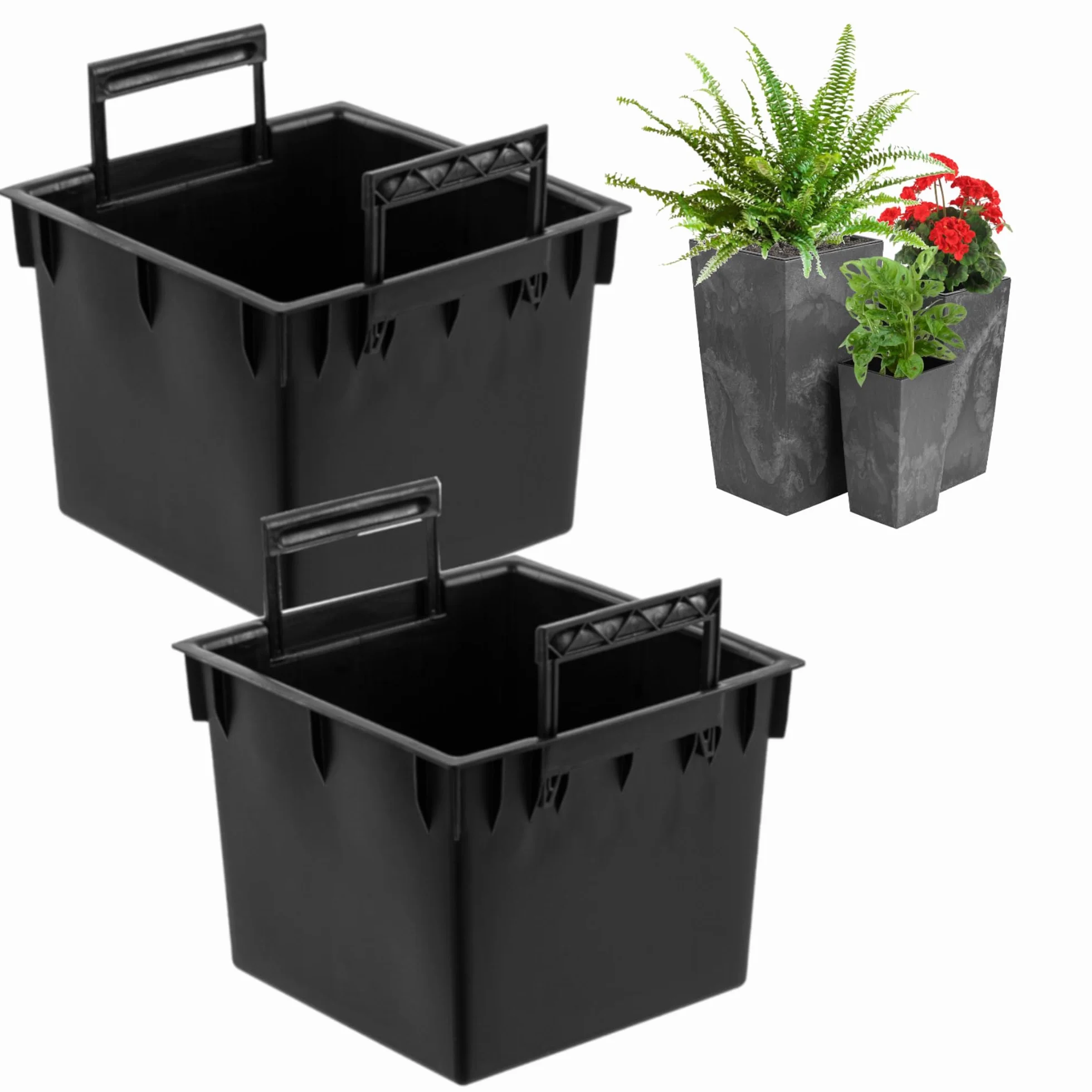 Zestaw 2 czarnych wkładek do doniczek z tworzywa sztucznego, 11 l, wymiary 24 x 24 x 18,5 cm, do doniczek Prosperplast, wysokość H 44,9 cm, z uchwytami, do użytku wewnątrz i na zewnątrz – ułatwia