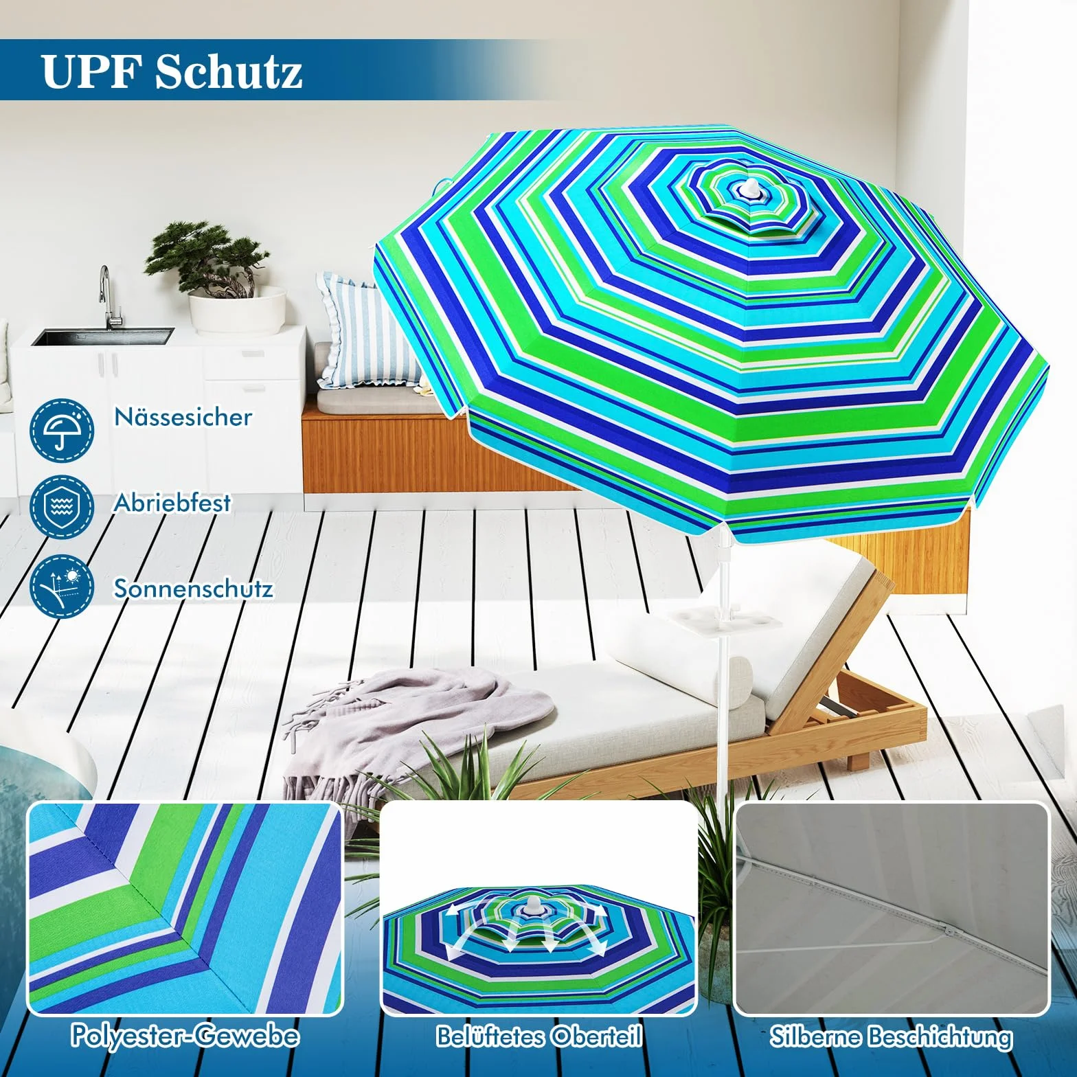 COSTWAY Parasol przeciwsłoneczny, 182 cm, odporny na wiatr, stabilny, UPF 50+, możliwość zginania w zakresie 30°, ochrona przed słońcem z ostrzem do wbijania w ziemię i torbą do przenoszenia, parasol