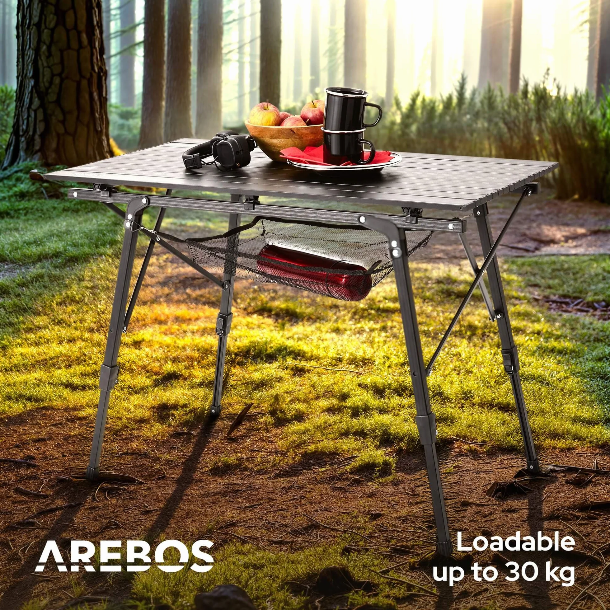 Arebos Składany stół kempingowy, 120 x 70 cm, z regulacją wysokości 58-78 cm, akcesoria kempingowe, ogród, grill, piknik, składany stół kempingowy, stół podróżny z torbą do przenoszenia, Czarny