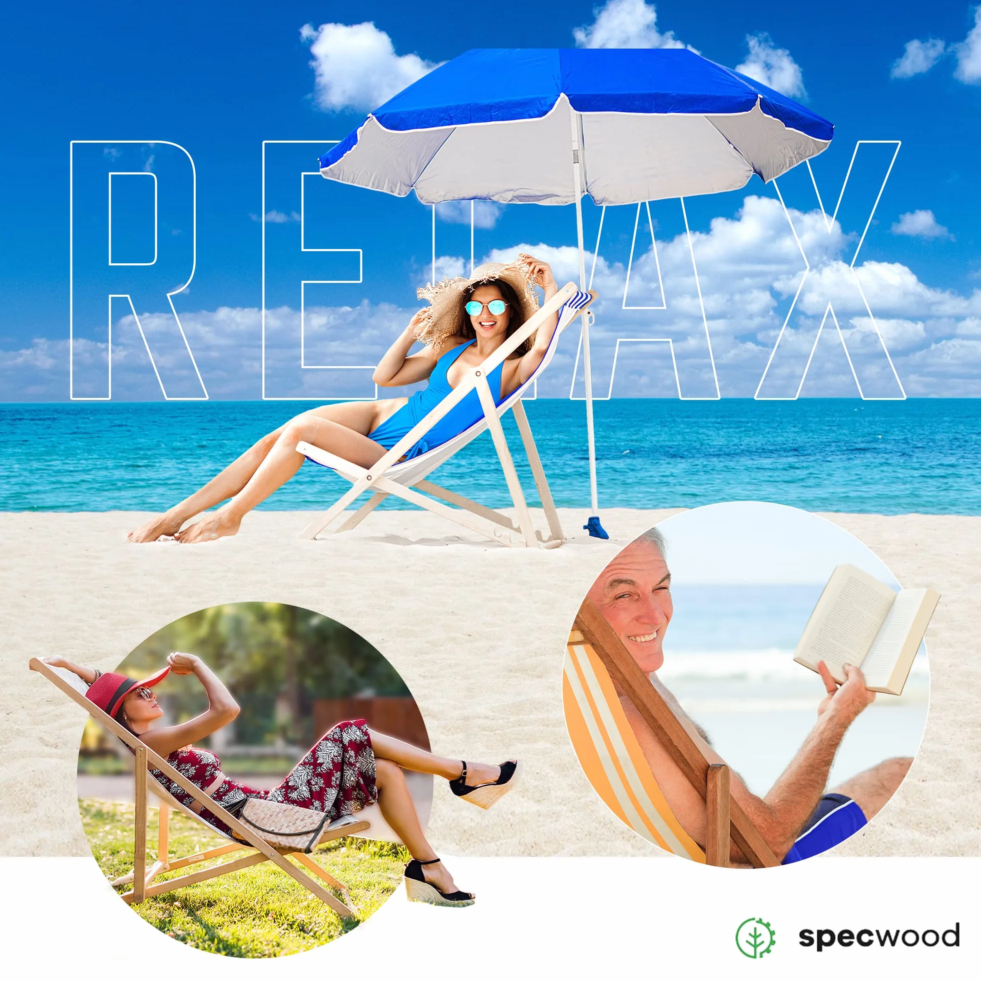 spec-wood Leżak drewniany plażowy/ogrodowy Regulowany Wytrzymały i Solidny Praktyczny Materiał Składany Łatwy w transporcie 119 cm x 58 cm Kolor Beżowy