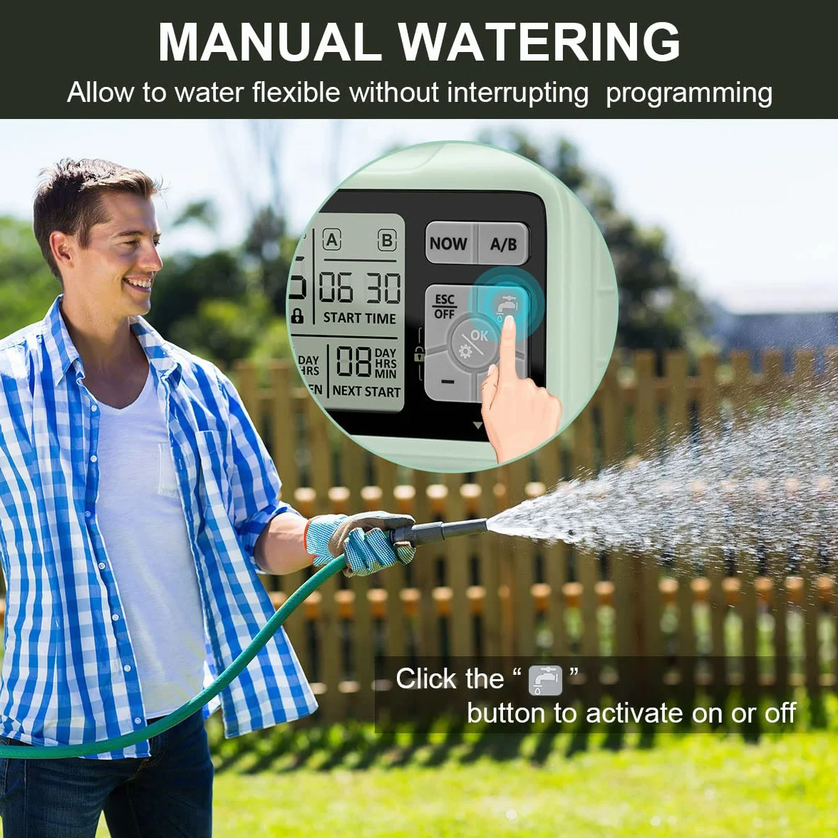 Johgee Sterownik nawadniania, 2 wyjścia z mosiężnym wlotem, cyfrowy zegar nawadniający z opóźnieniem deszczu, automatyczne/ręczne sterowanie nawadnianiem, zegar sterujący wodą ogrodową