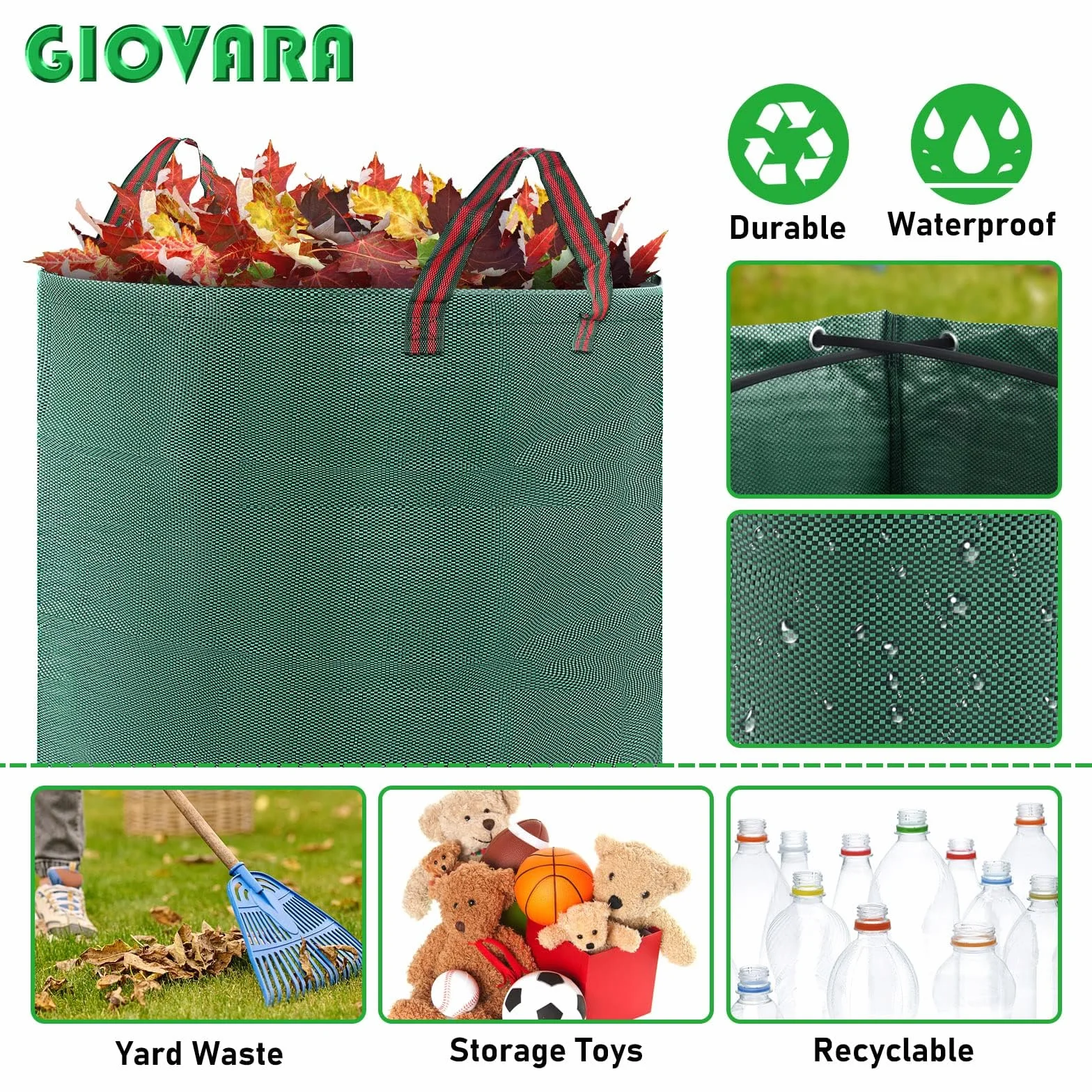 Worki na odpady ogrodowe 300L, 3-pak ciężkich worków ogrodowych, wodoodporne, ciężkie, duże, wielokrotnego użytku, worki na odpady ogrodowe z mocnymi uchwytami, trwałe worki na liście i trawę