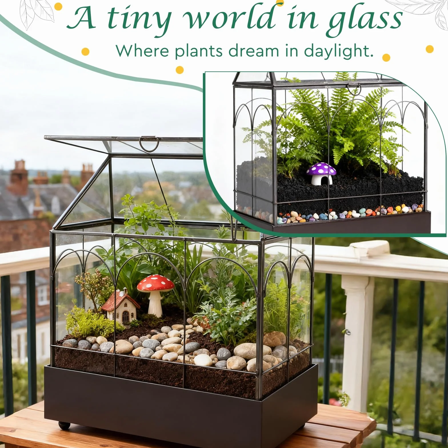 EFUTURETIME Mini szklarnia, parapet okienny, szklany z tacką na ścinki, 24,2 x 14,7 x 29 cm, terrarium dla roślin, mały ogród w butelkach, "zrób to sam" (nie zawiera roślin), dekoracja na sukulenty