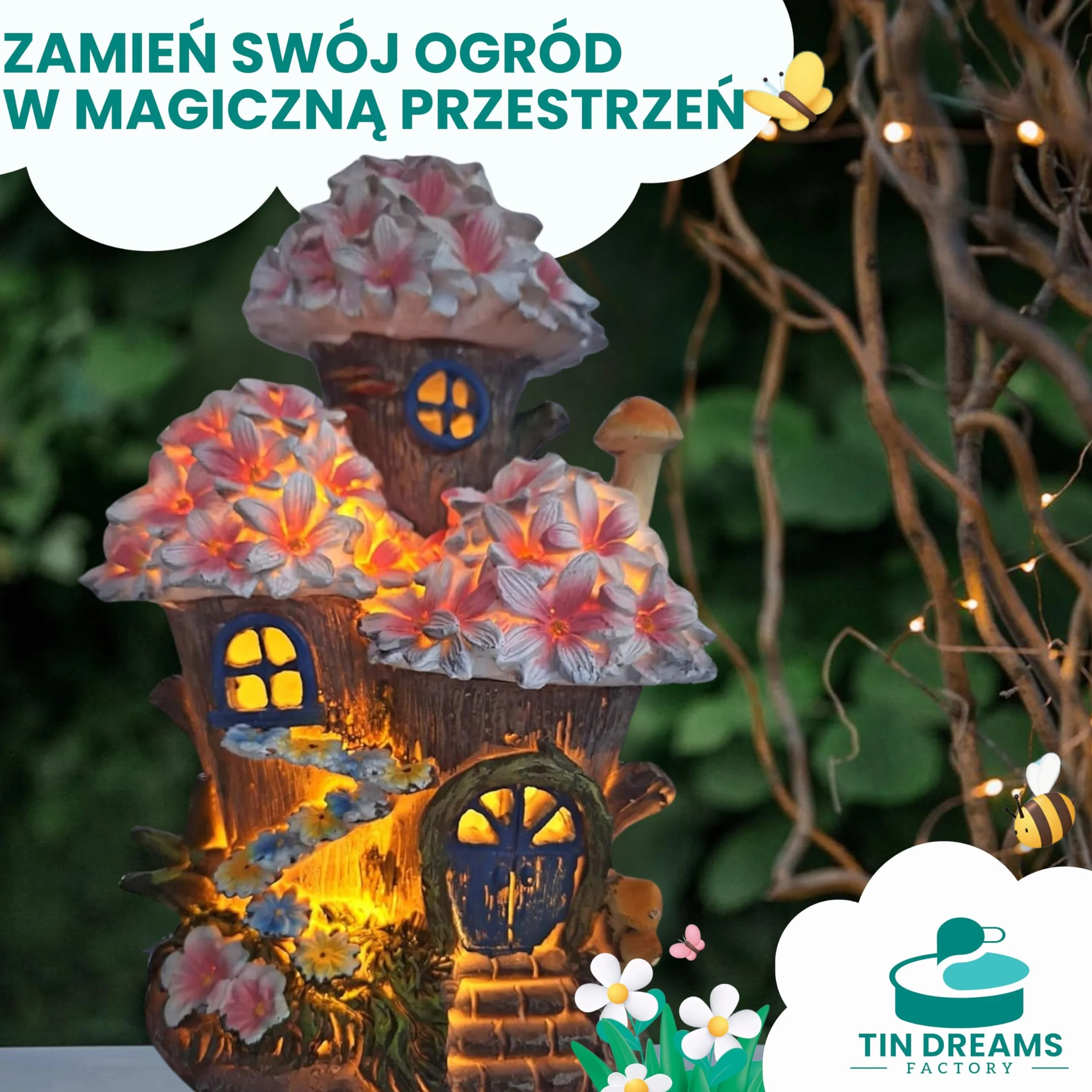 Domek na Drzewie z Zaczarowanymi Kwiatami – Zasilany Energią Słoneczną – Bajkowa Figurka do Ogrodu, Na Taras i Balkon – Magiczna Dekoracja z Automatycznym Oświetleniem LED