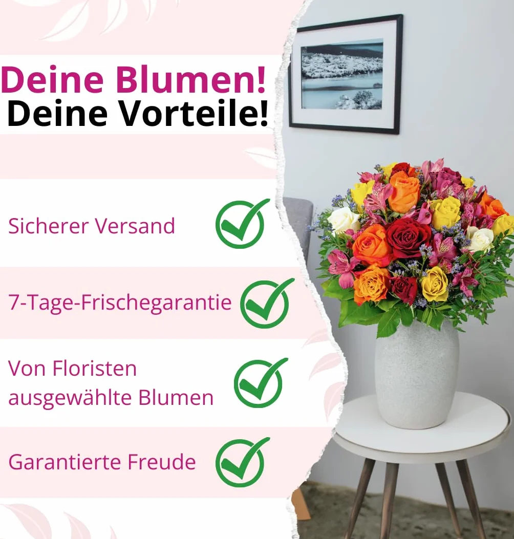 Blume Ideal Bukiet róż, 40 róż w kolorze czerwonym, różowym i pomarańczowym, Ø 40-50 cm, najwyższa jakość, 7-dniowa świeżości, idealny prezent kwiatowy