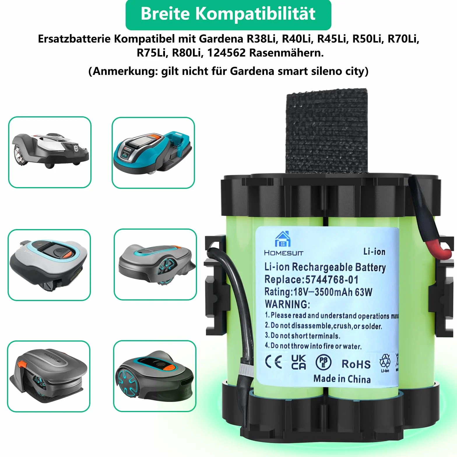 Homesuit 18 V 3500 mAh akumulator litowy, kompatybilny z kosiarką Gardena R80Li R75Li R70Li R50Li R45Li R40Li R38Li Husqvarna, automatyczna kosiarka 105, 305, 308, 308 x Flymo 1200R