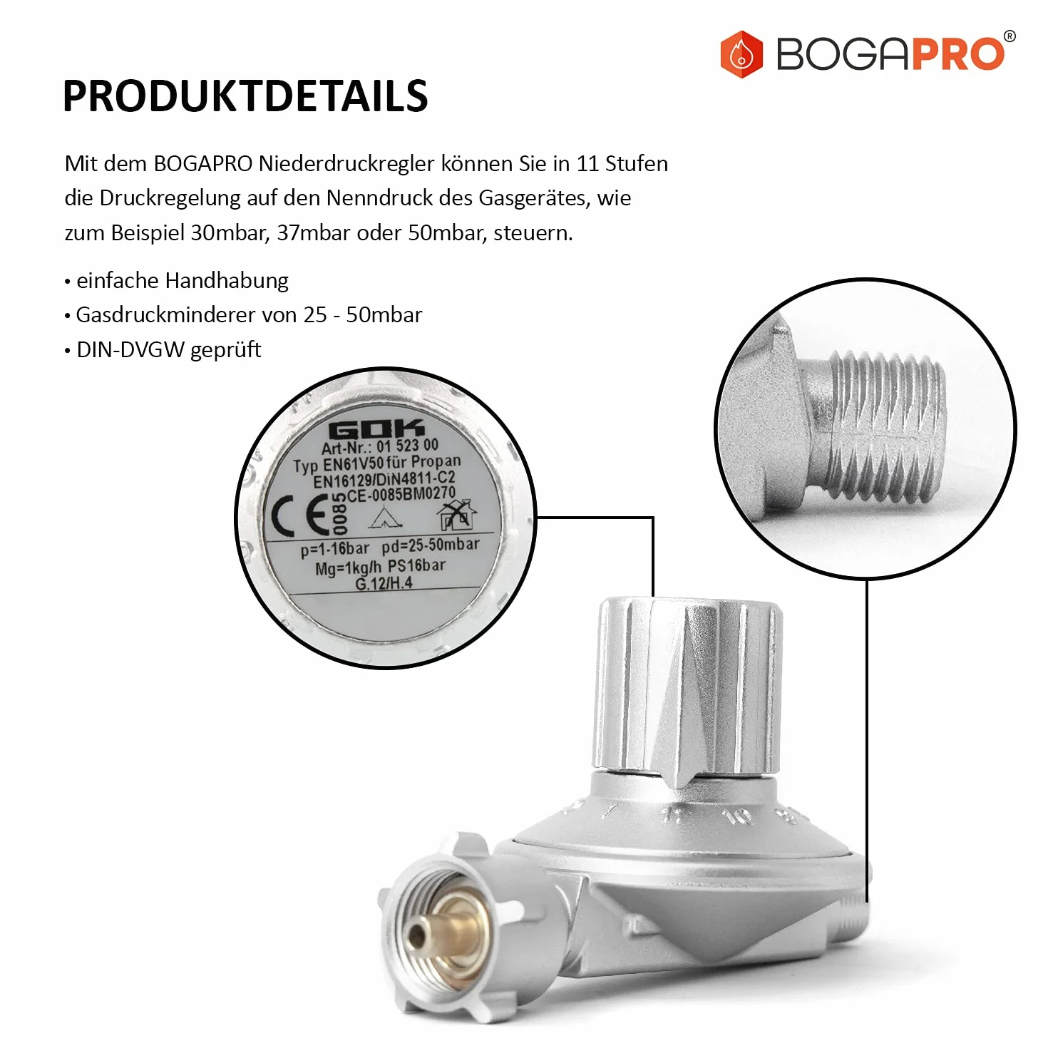 Regulator niskiego ciśnienia gazu 25-50 mbar do butli propanowych 11 kg