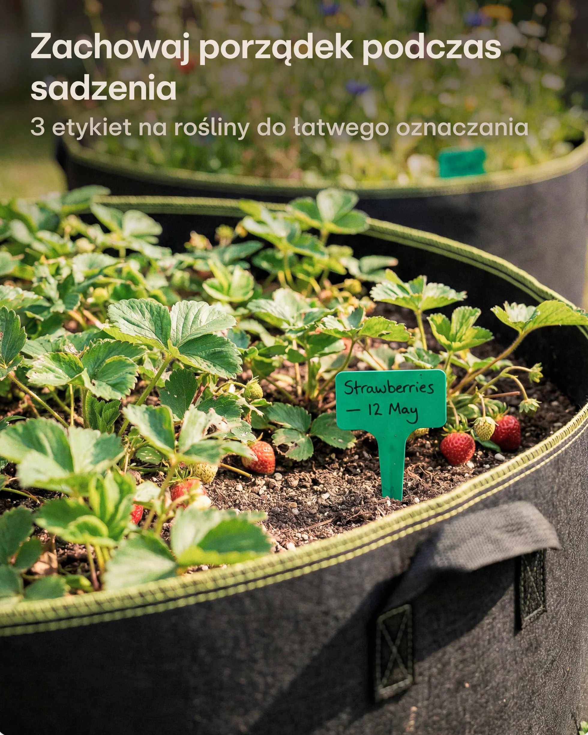 Worek do sadzenia 70L - 3 Torba na rośliny z etykietami - Z uchwytem - Na zioła, kwiaty, truskawki itp