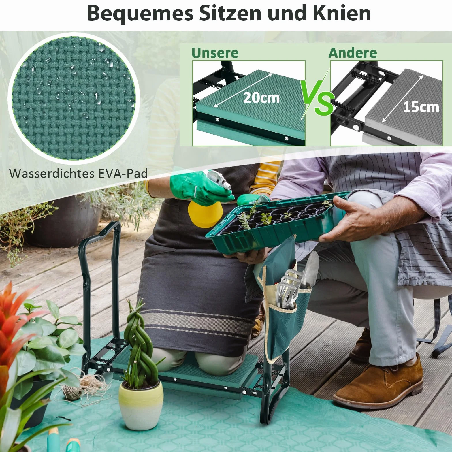 COSTWAY Ławka ogrodowa 2 w 1 składana z poduszką EVA i torbą na narzędzia, obciążenie 150 kg, 58x27,5x50 cm, zielona