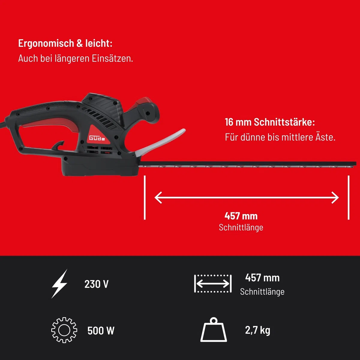 Güde GEH 510-500 elektryczne nożyce do żywopłotu, 230 V, moc silnika 500 W, długość cięcia 45,7 cm, grubość cięcia 1,6 cm, elektryczny hamulec szybkiego zatrzymania, ergonomiczny design