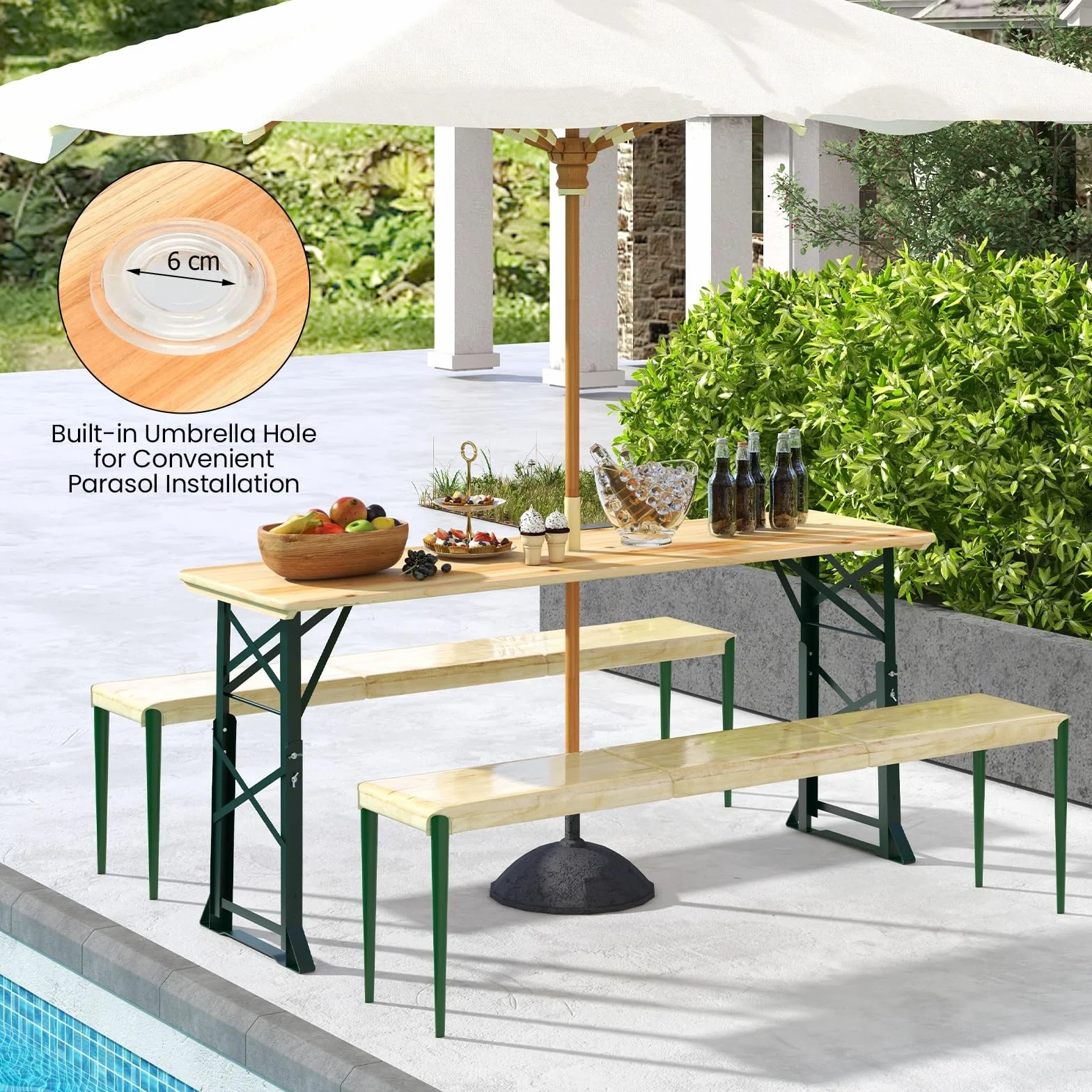 Giantex Stół do namiotu piwnego, składany, z regulacją wysokości 75 cm/105 cm, stół bufetowy z otworem na parasol, 168,5 cm, stół barowy, zestaw do namiotu piwnego, stół imprezowy, składany stół na