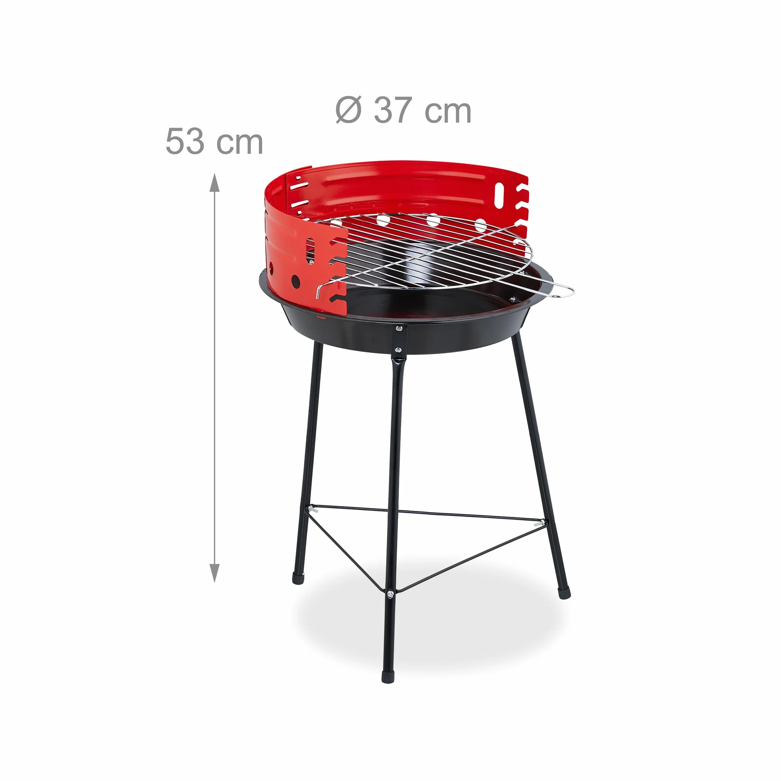 Relaxdays Grill na węgiel drzewny Ø 37 cm trójnożny z ochroną przed wiatrem czarny/czerwony